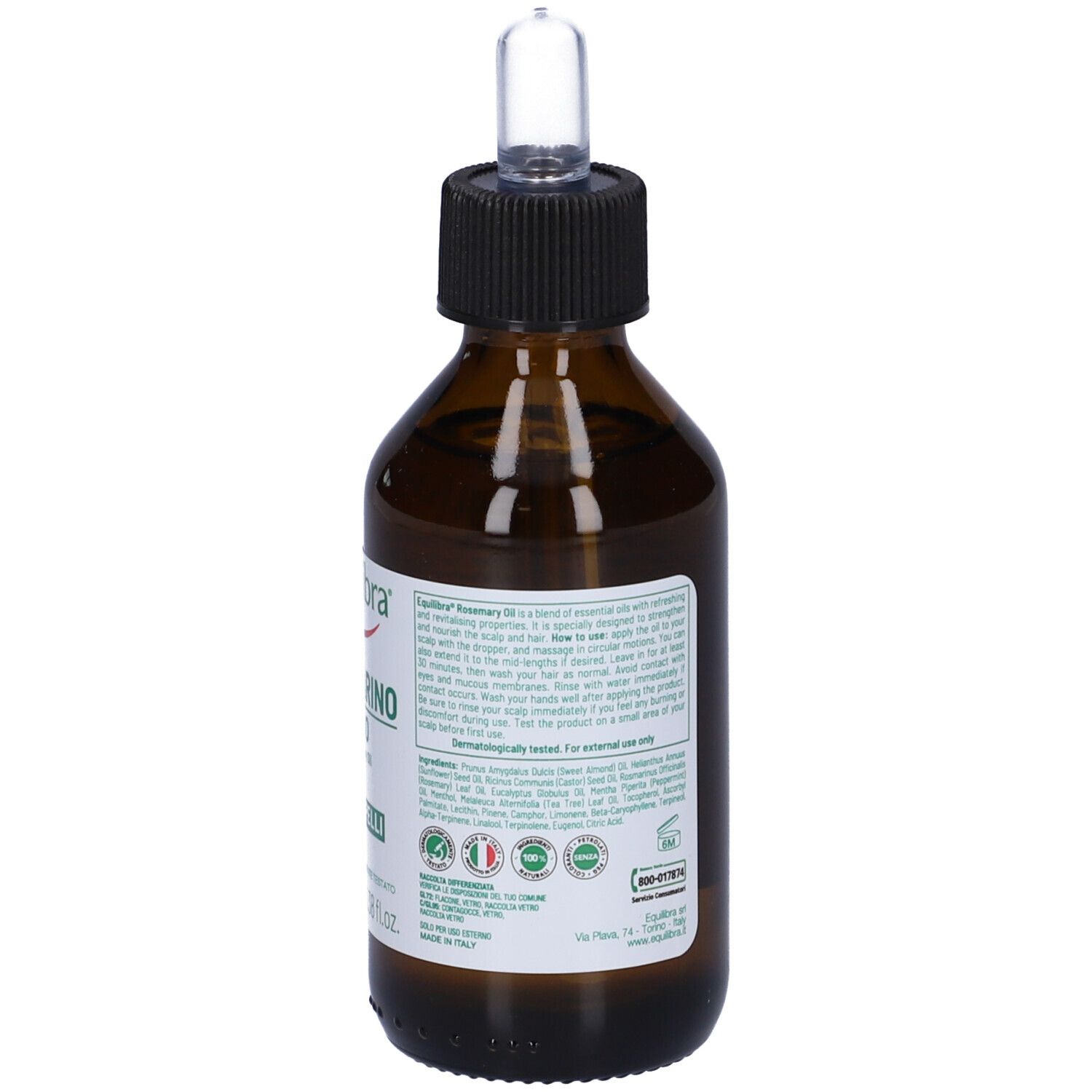 Flacone di vetro marrone con tappo nero e pipetta. Etichetta con informazioni sul prodotto. Per capelli.