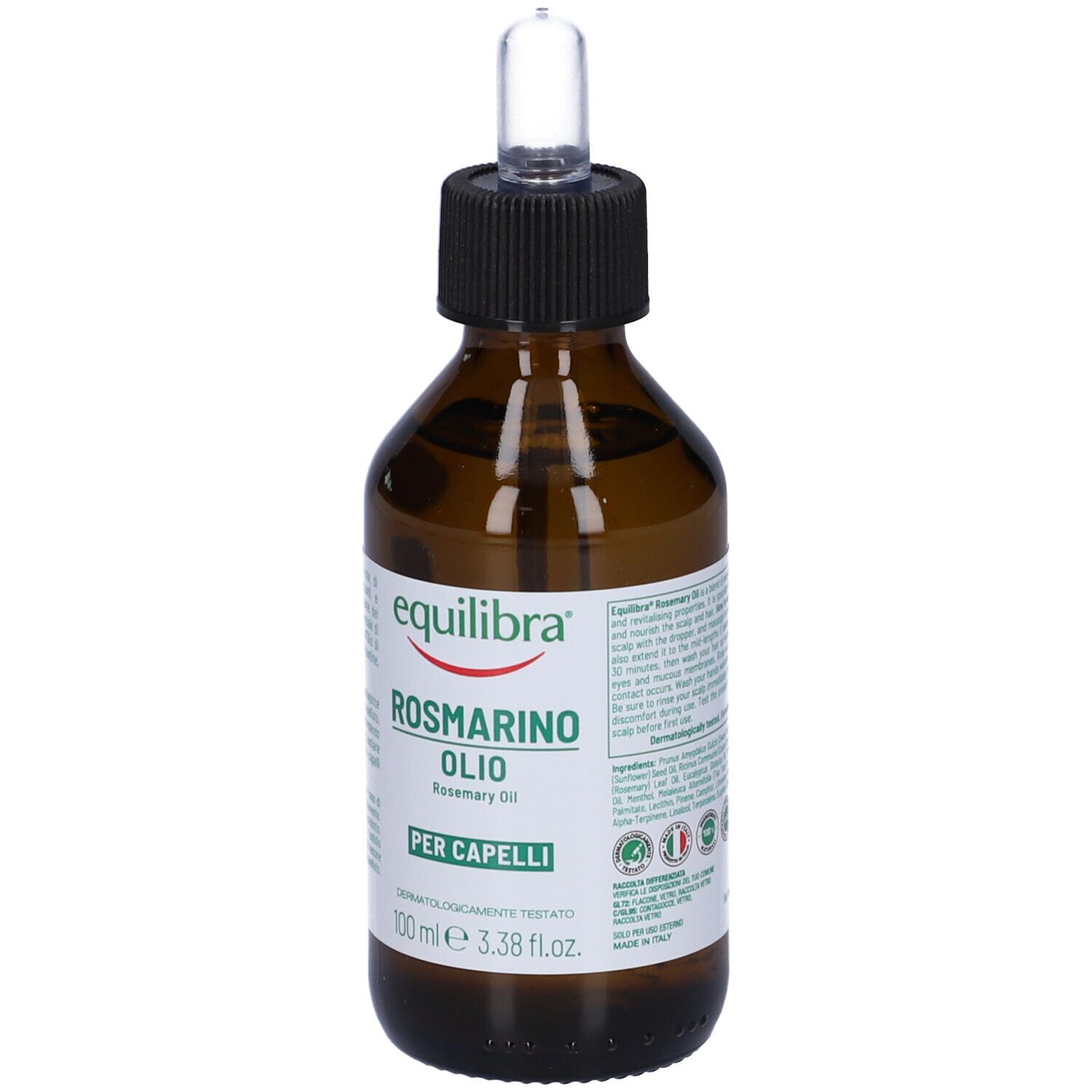 Flacone di vetro marrone con tappo nero e pipetta. Etichetta con nome del prodotto e logo. Per capelli.