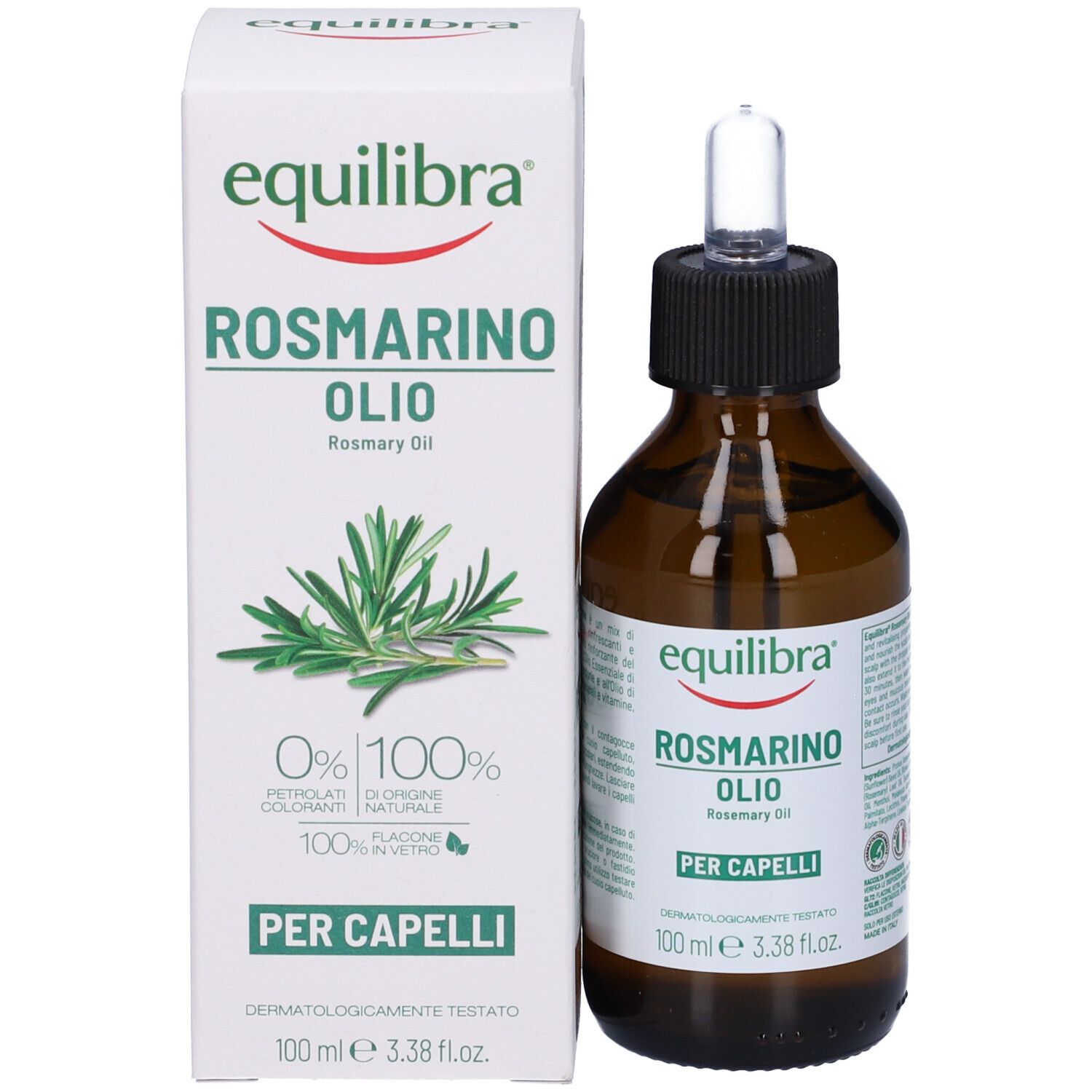 Flacone e confezione del prodotto. Scatola bianca con logo e nome del prodotto. Per capelli.