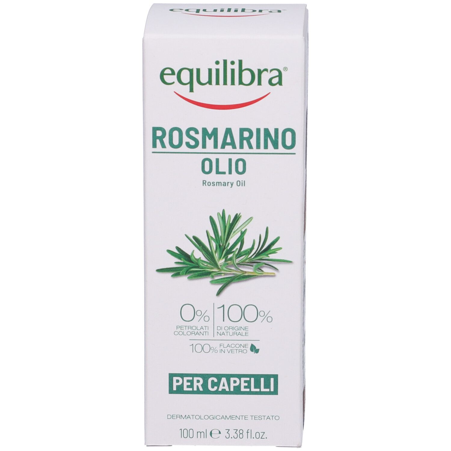 Confezione bianca con logo e nome del prodotto. Per capelli. Illustrazione di rosmarino.