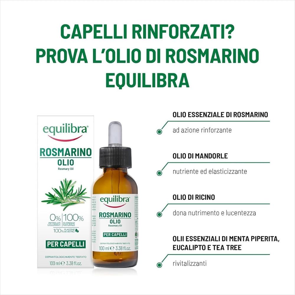 Equilibra Rosmarino Olio Haaröl in brauner Glasflasche mit Pipettenverschluss, daneben die Verpackung.