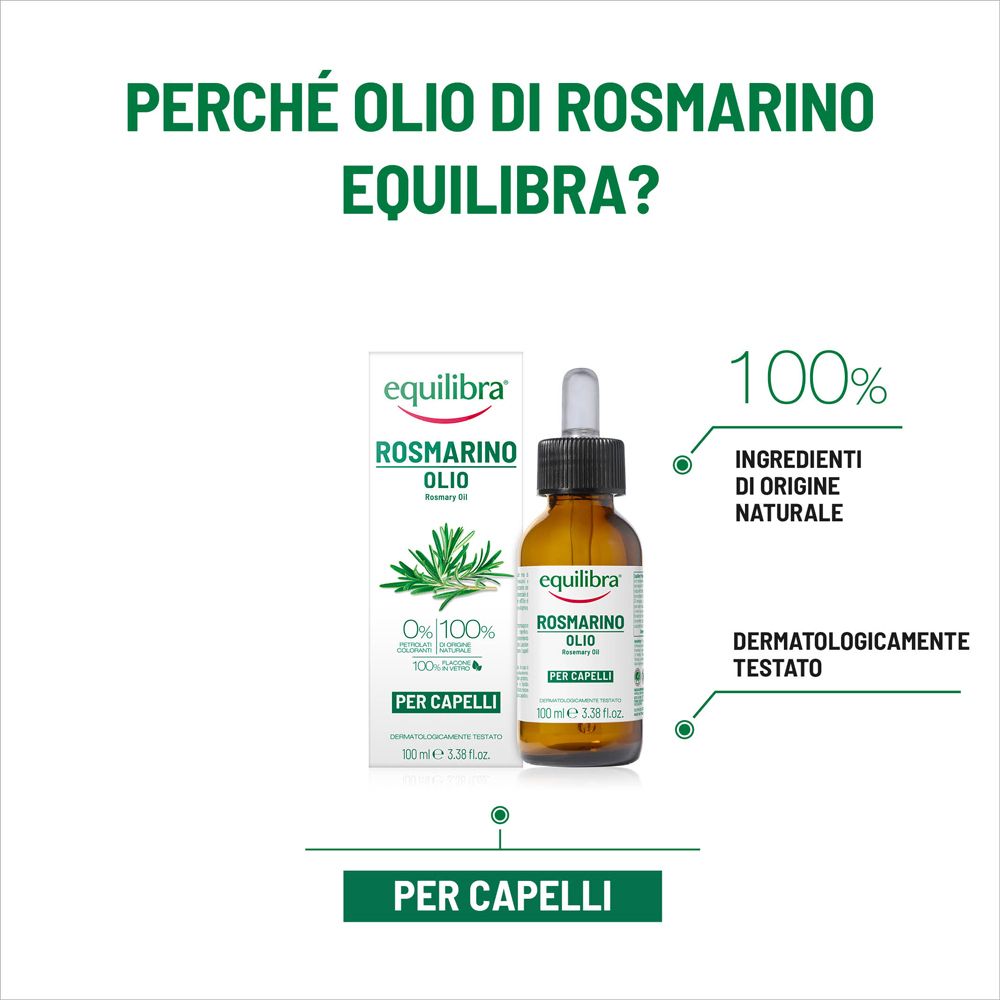 Equilibra Rosmarino Olio Haaröl in brauner Glasflasche mit Pipettenverschluss und Kartonverpackung.