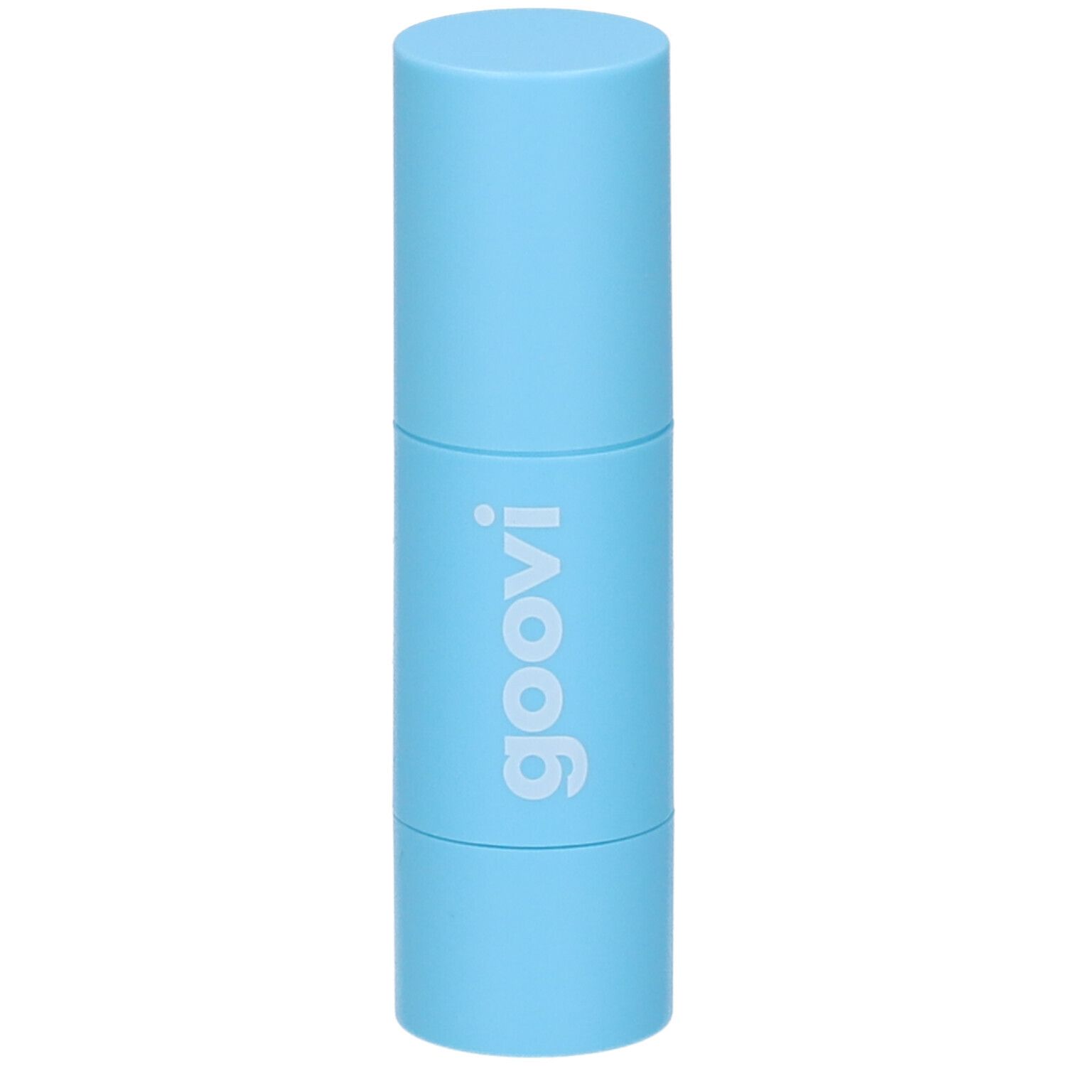 Stick di balsamo per labbra e guance azzurro. Il nome 'goovi' è stampato sullo stick.