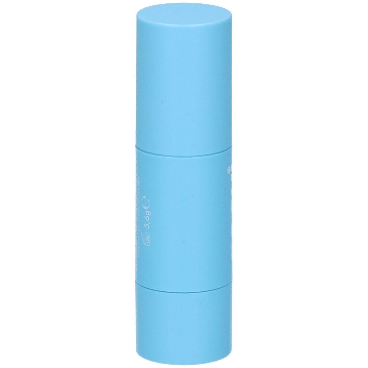 Stick di balsamo per labbra e guance azzurro. Informazioni stampate sullo stick.