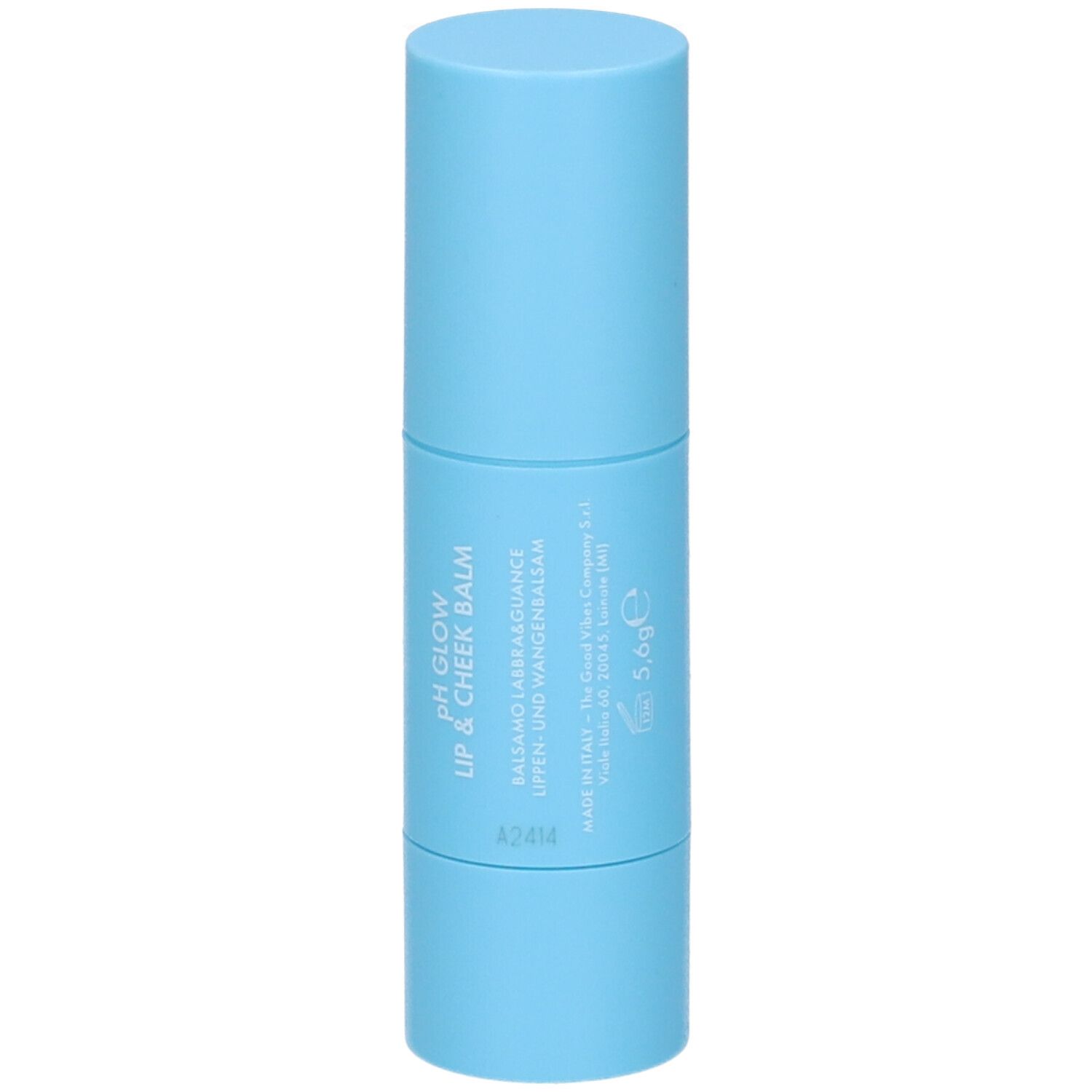 Stick di balsamo per labbra e guance azzurro. Testo stampato: 'PH GLOW LIP & CHEEK BALM'.