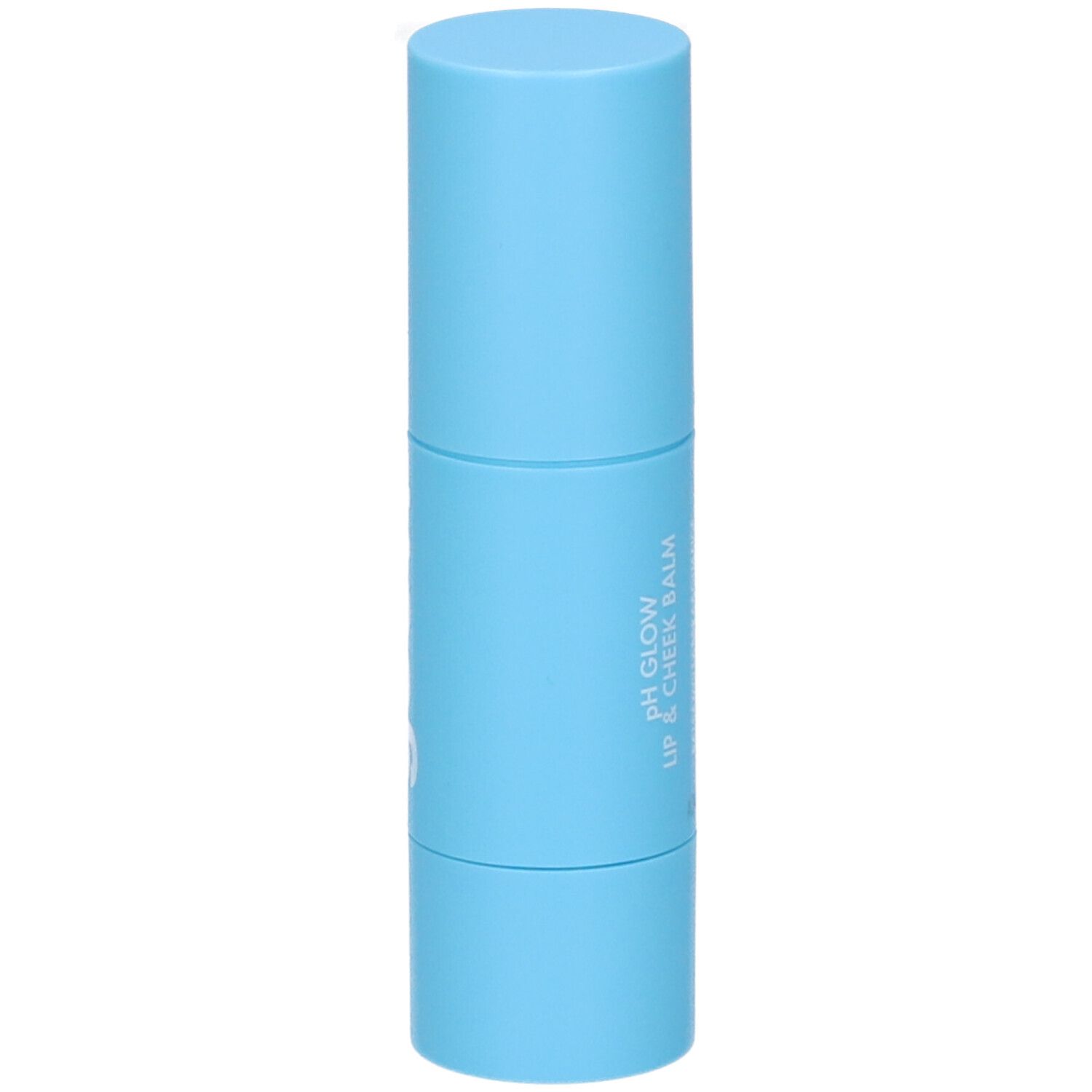 Stick di balsamo per labbra e guance azzurro. Testo stampato: 'PH GLOW LIP & CHEEK BALM'.