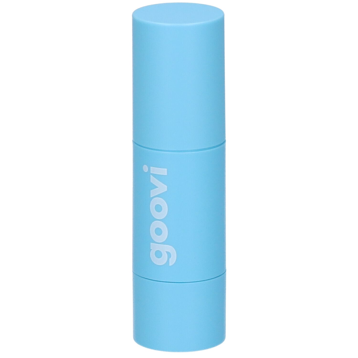 Stick di balsamo per labbra e guance azzurro. Il nome 'goovi' è stampato sullo stick.