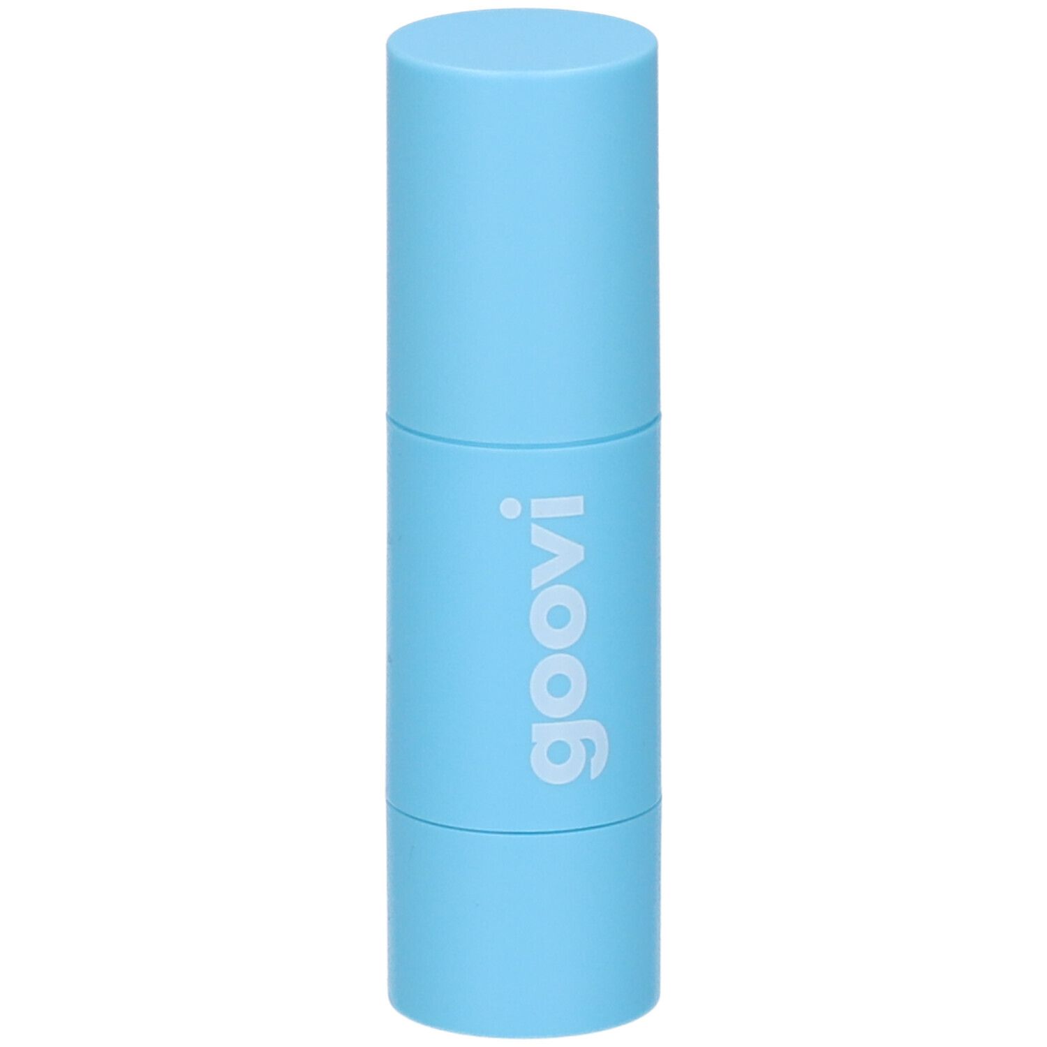 Stick di balsamo per labbra e guance azzurro. Il nome 'goovi' è stampato sullo stick.