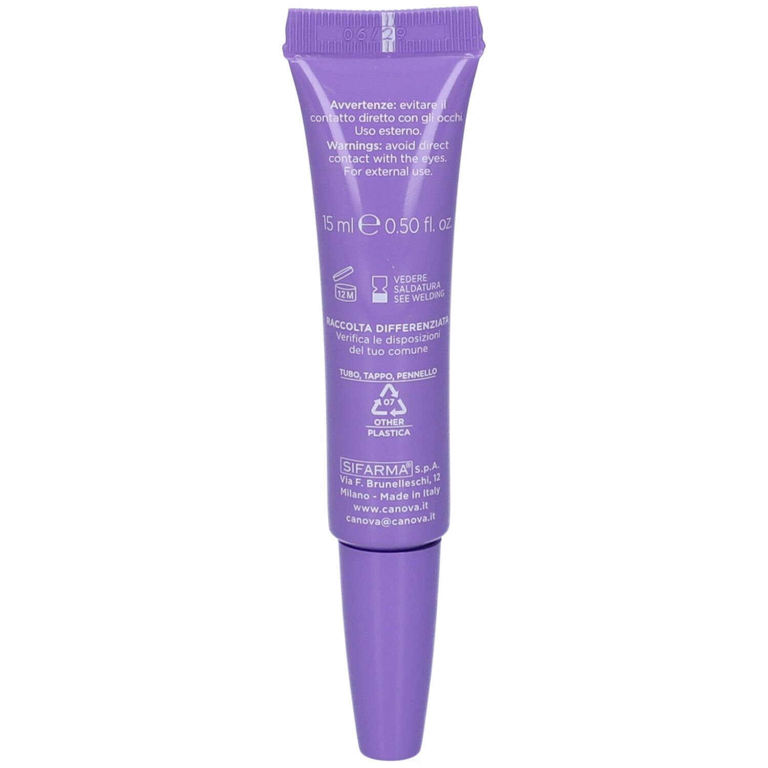 Rückseite der lila Tube. Enthält Text und Informationen zur Entsorgung. 15 ml, 0,50 fl oz.