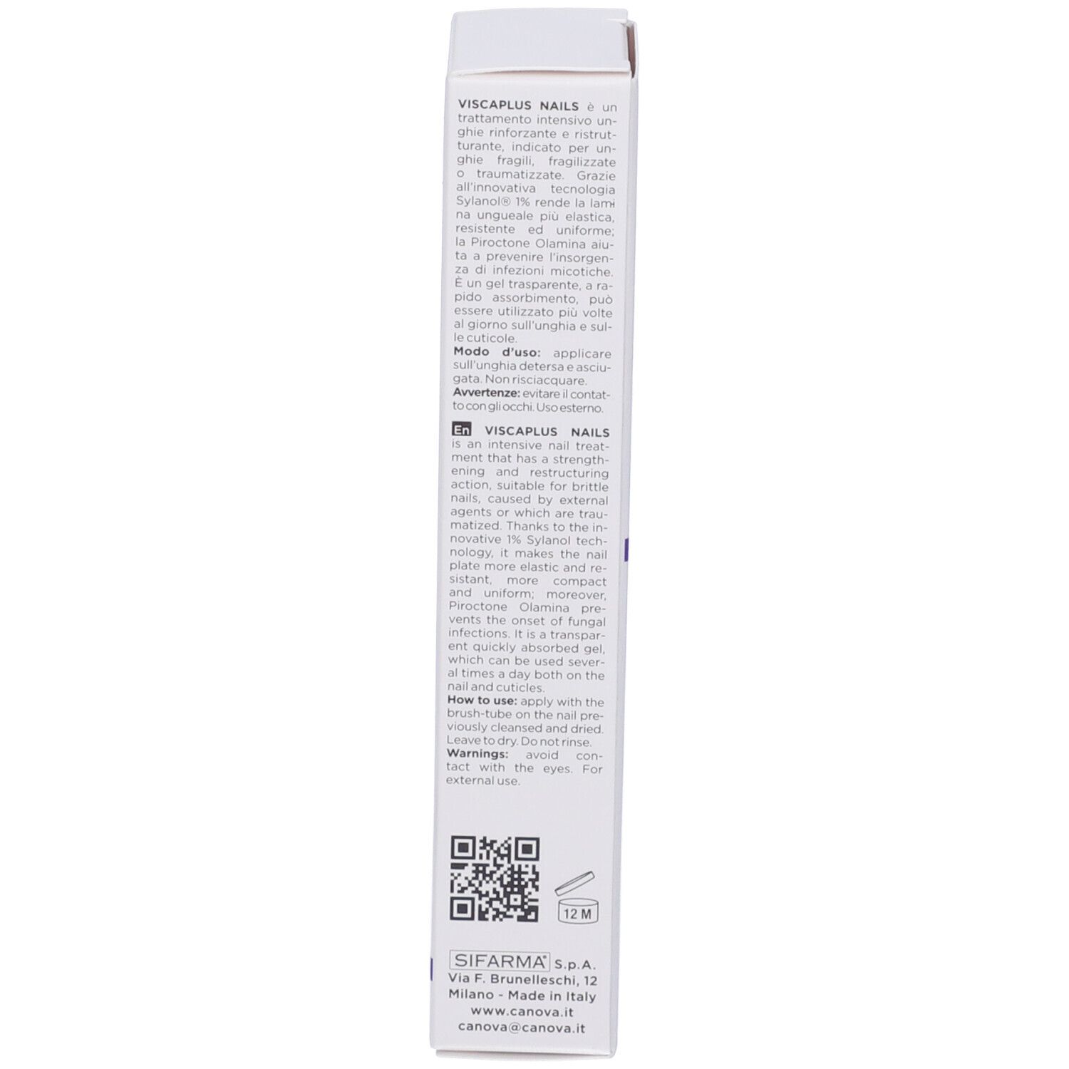 Weiße Verpackung mit Text. Enthält Produktinformationen und QR-Code. 12M-Symbol.