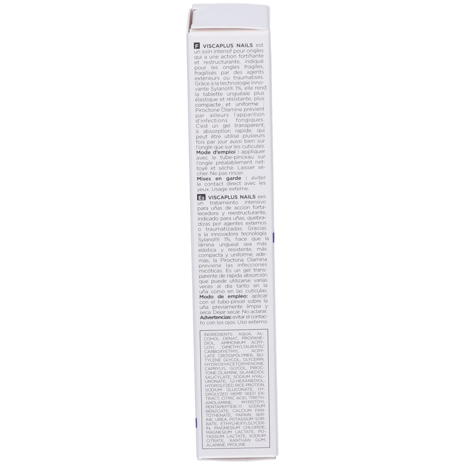 Weiße Verpackung mit Text. Enthält Produktinformationen in Französisch. Inhaltsstoffe.