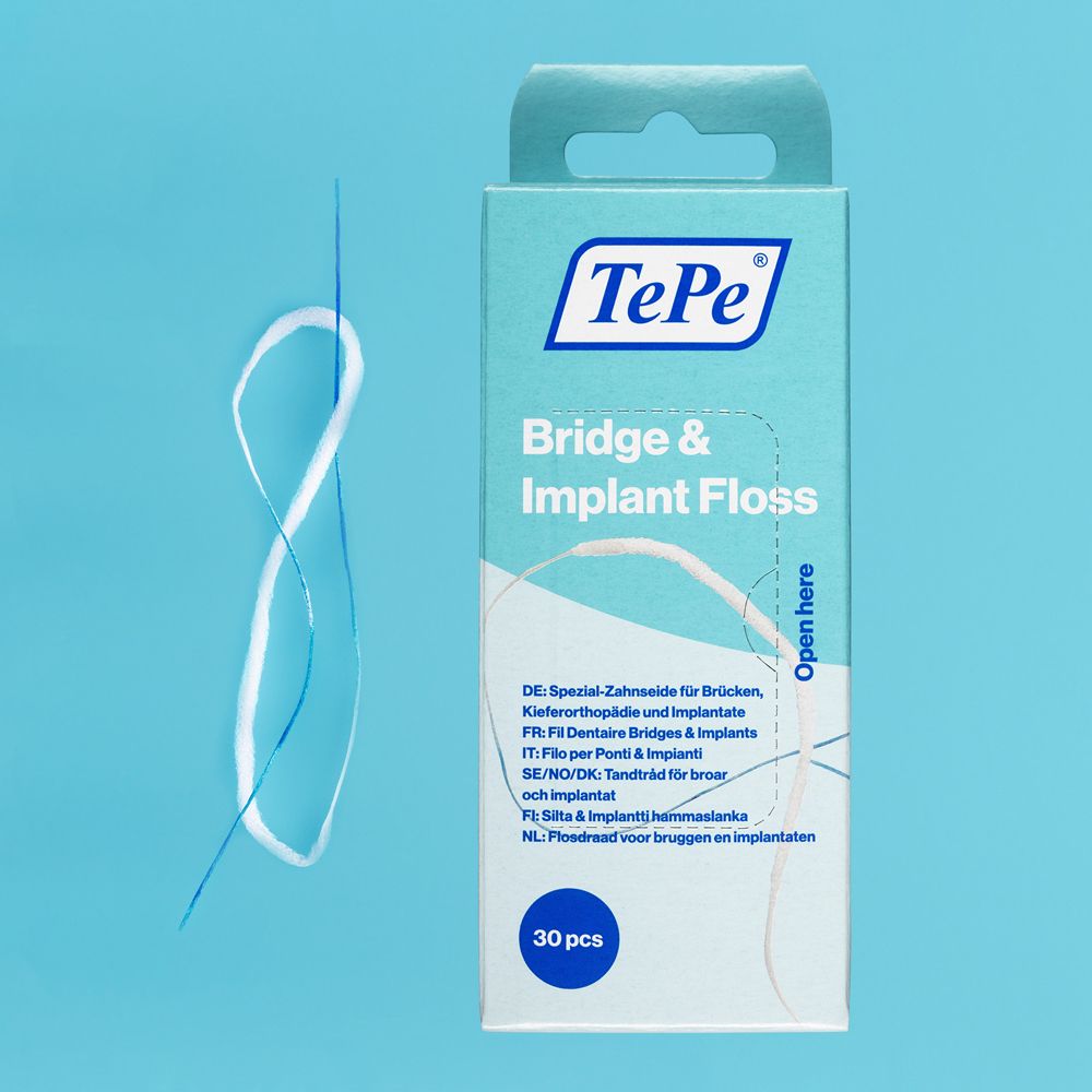 TePe Bridge & Implant Floss Spezial-Zahnseide für Brücken, Kieferorthopädie und Implantate, 30 Stück.