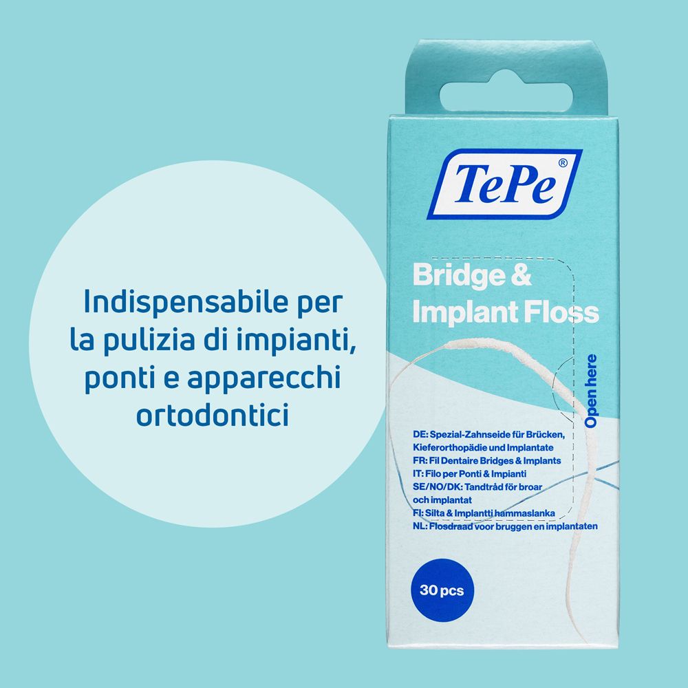 TePe Bridge & Implant Floss Spezial-Zahnseide für Brücken, Kieferorthopädie und Implantate, 30 Stück.