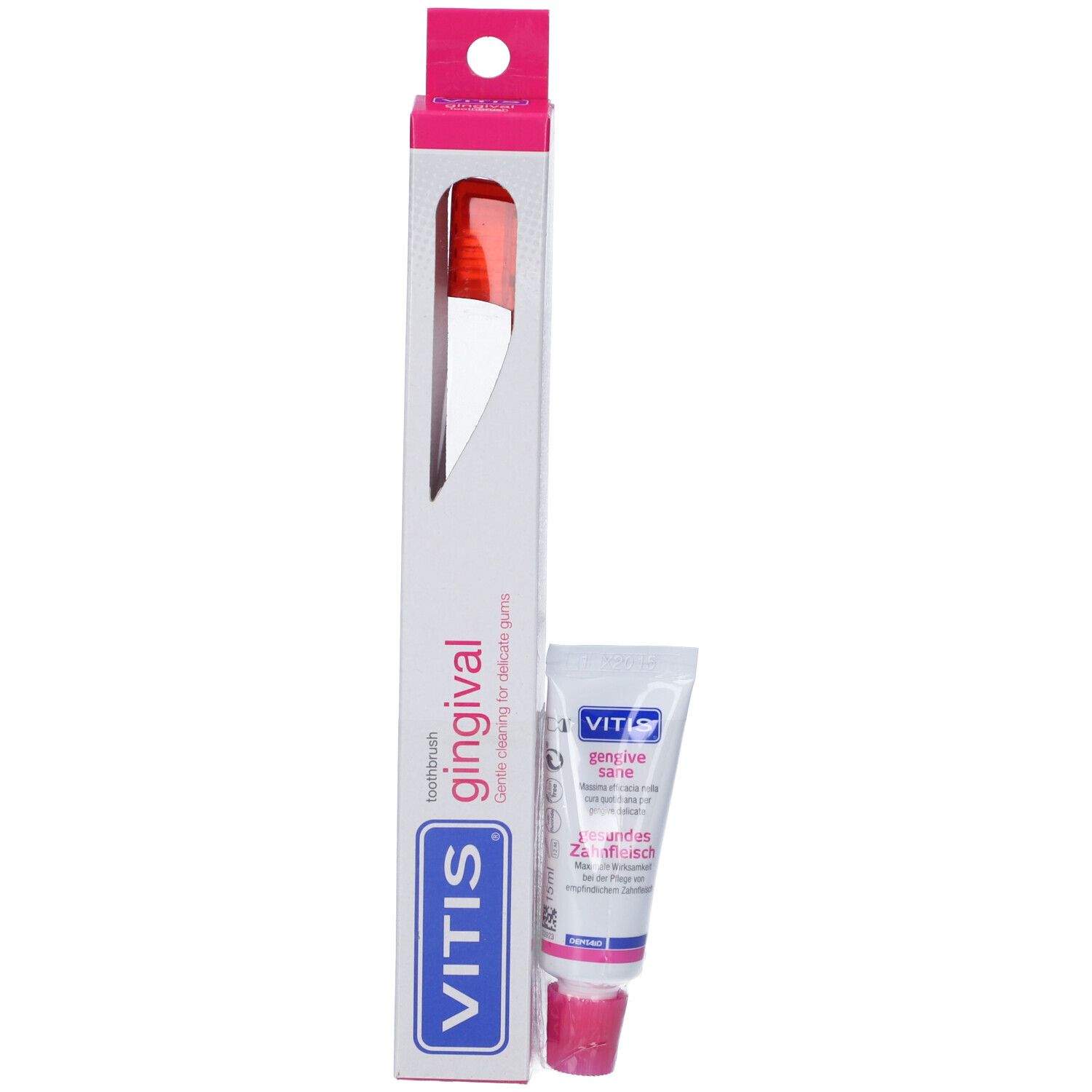 Spazzolino e dentifricio in confezione. Confezione bianca e rosa con logo VITIS. Tubo di dentifricio accanto.