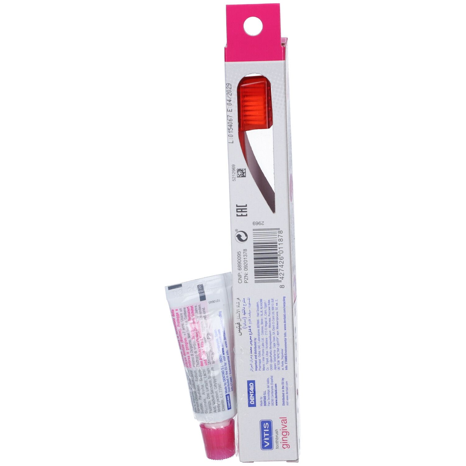 Retro della confezione con spazzolino e dentifricio. Testo e codice a barre. Logo VITIS e nome del prodotto.