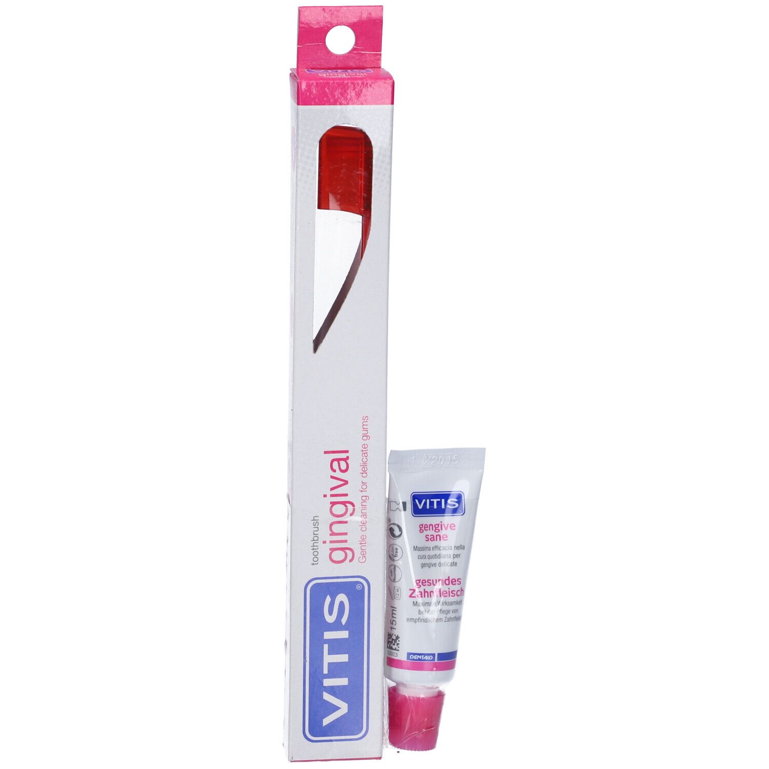 Spazzolino e dentifricio in confezione. Confezione con spazzolino rosso e tubetto di dentifricio. Logo VITIS.