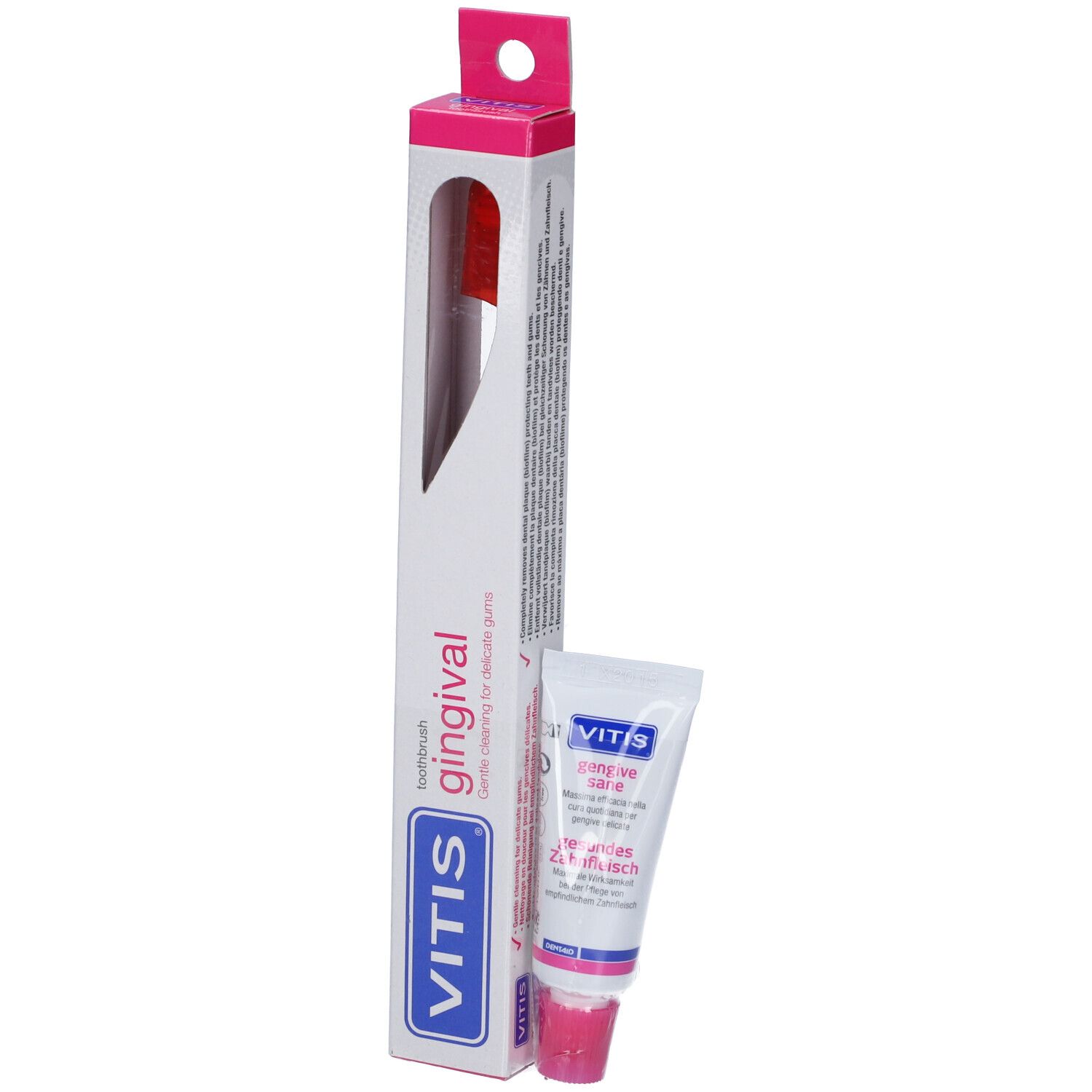 Spazzolino e dentifricio in confezione. Spazzolino rosso e tubetto di dentifricio. Logo VITIS e nome del prodotto.