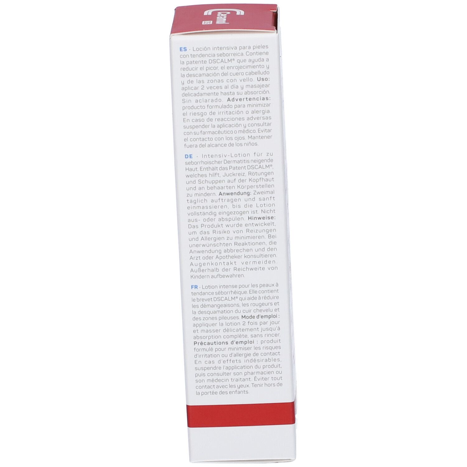 Verpackung einer Intensiv-Lotion für trockene, empfindliche Haut mit rotem Streifen und Logo.
