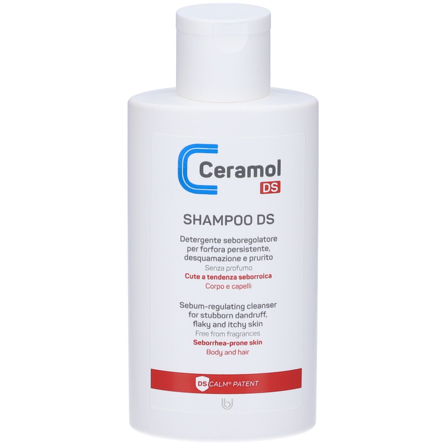 Flacone bianco con etichetta blu e rossa. Testo: Ceramol DS SHAMPOO DS. Per cuoio capelluto e capelli. Tappo a vite.