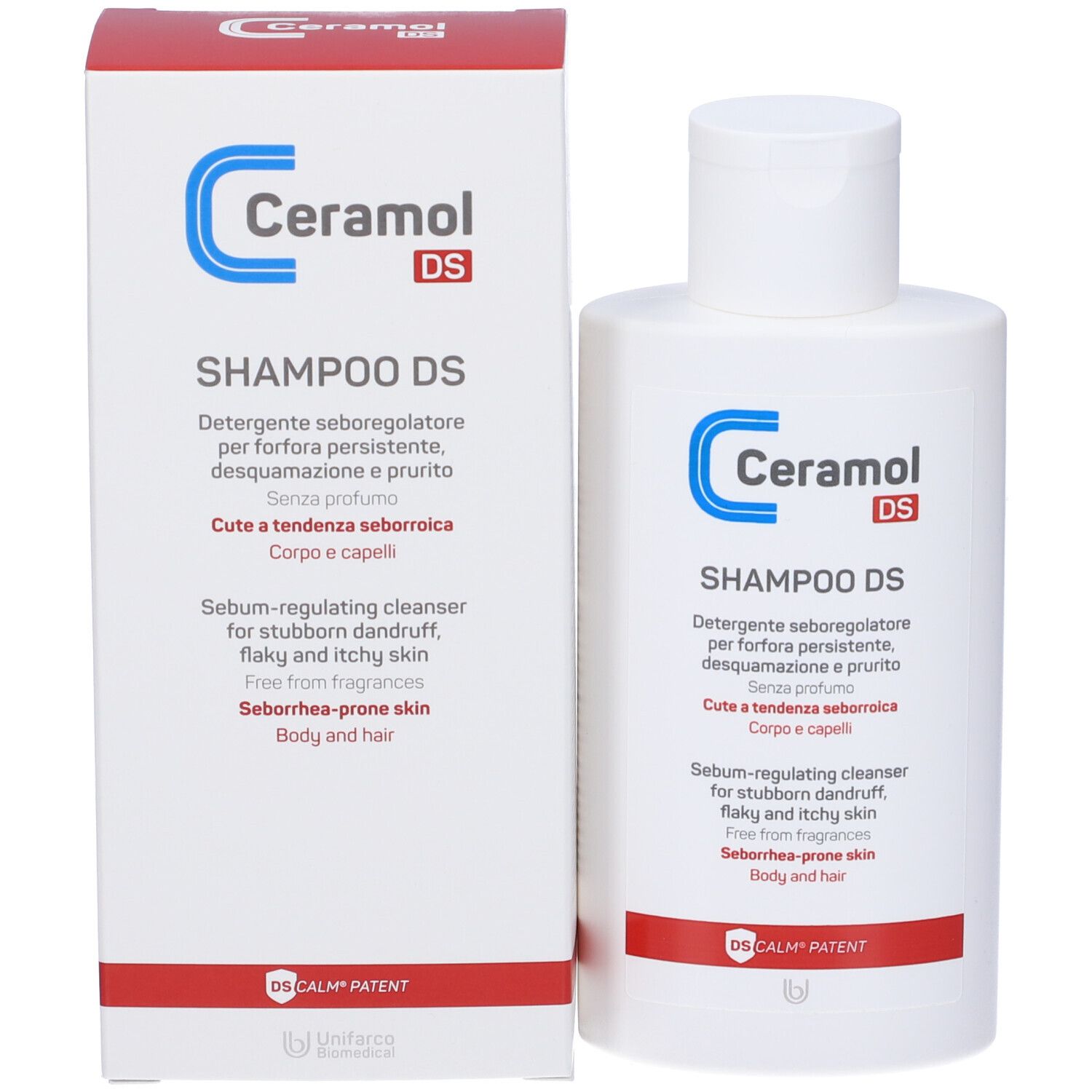 Confezione del prodotto con flacone. Scatola e flacone con etichetta blu e rossa. Testo: Ceramol DS SHAMPOO DS.