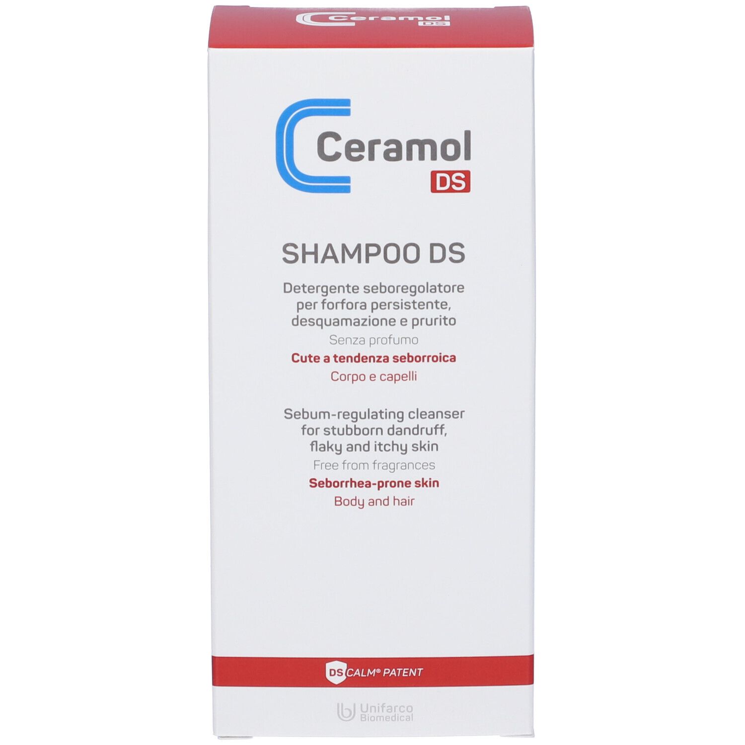 Confezione del prodotto. Scatola bianca con etichetta blu e rossa. Testo: Ceramol DS SHAMPOO DS. Per cuoio capelluto e capelli.