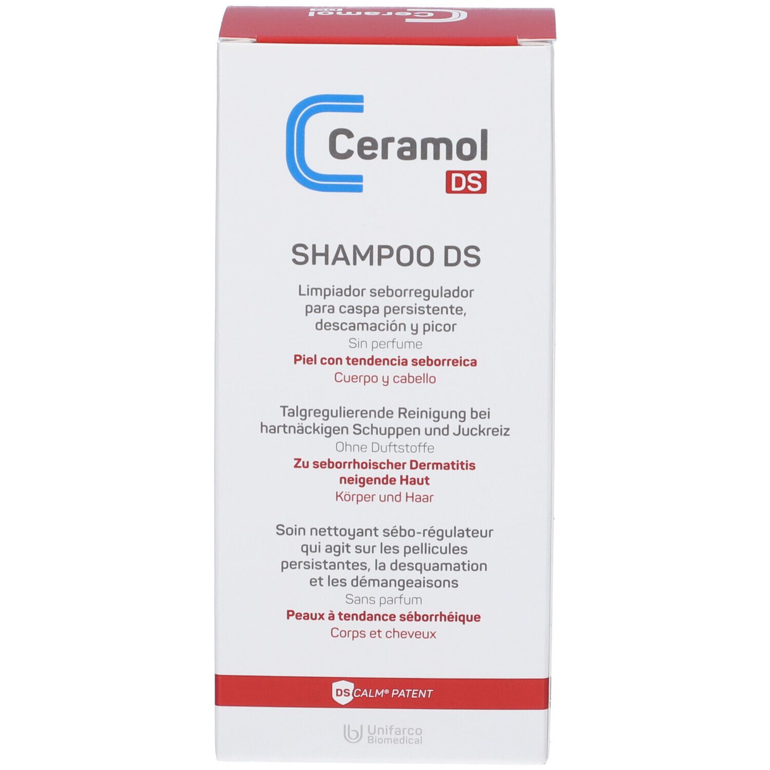 Confezione del prodotto. Scatola bianca con etichetta blu e rossa. Testo: Ceramol DS SHAMPOO DS. Per cuoio capelluto e capelli.