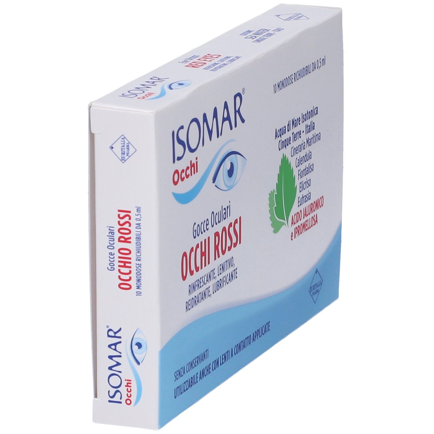 Schachtel, weiß mit Produktnamen und Logo. Text: Occhi Rossi, Gocce Oculari. Perspektivische Ansicht.