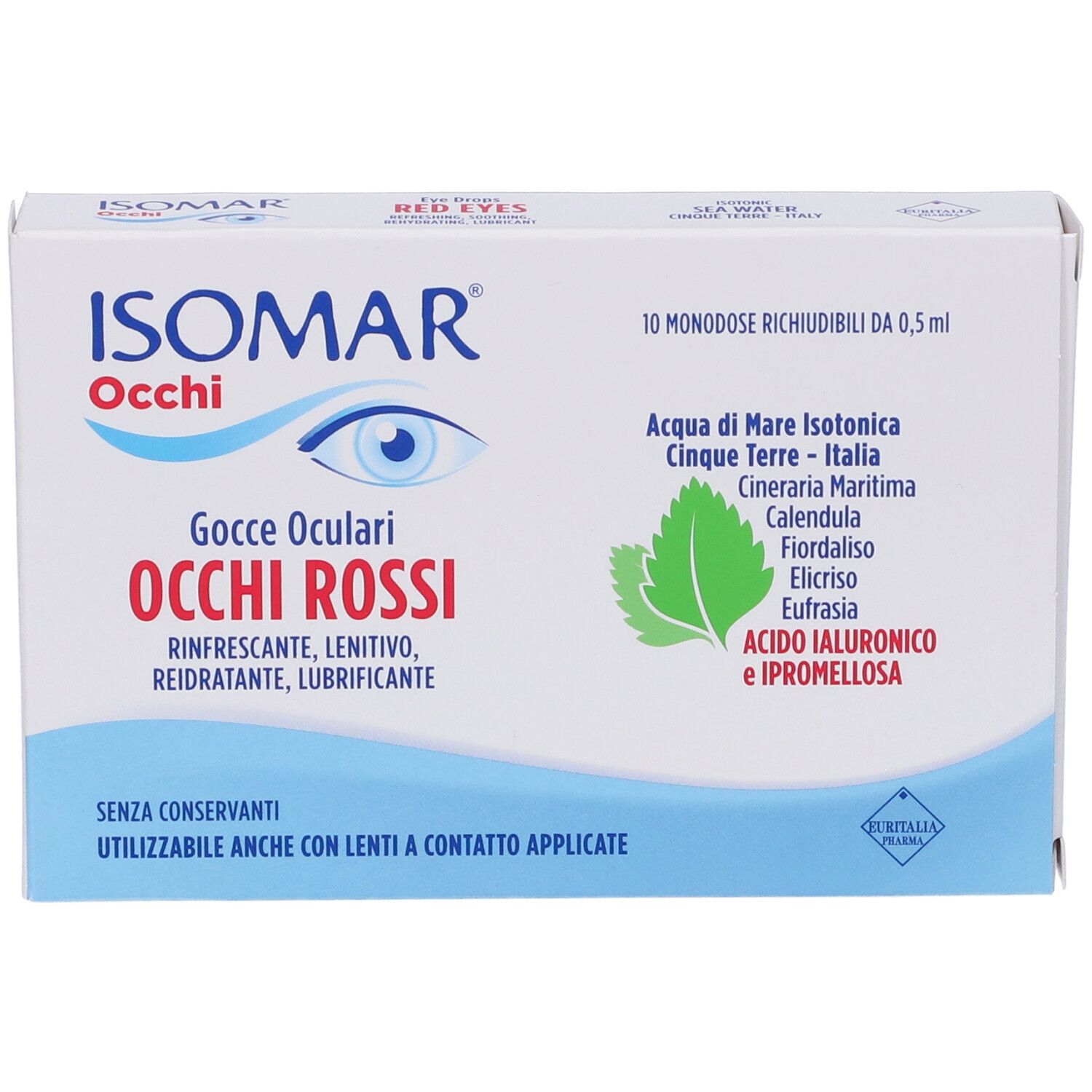 Weiße Schachtel mit Produktnamen und Logo. Text: Occhi Rossi, Gocce Oculari. Enthält 10 Einzeldosen. Inhaltsstoffe.