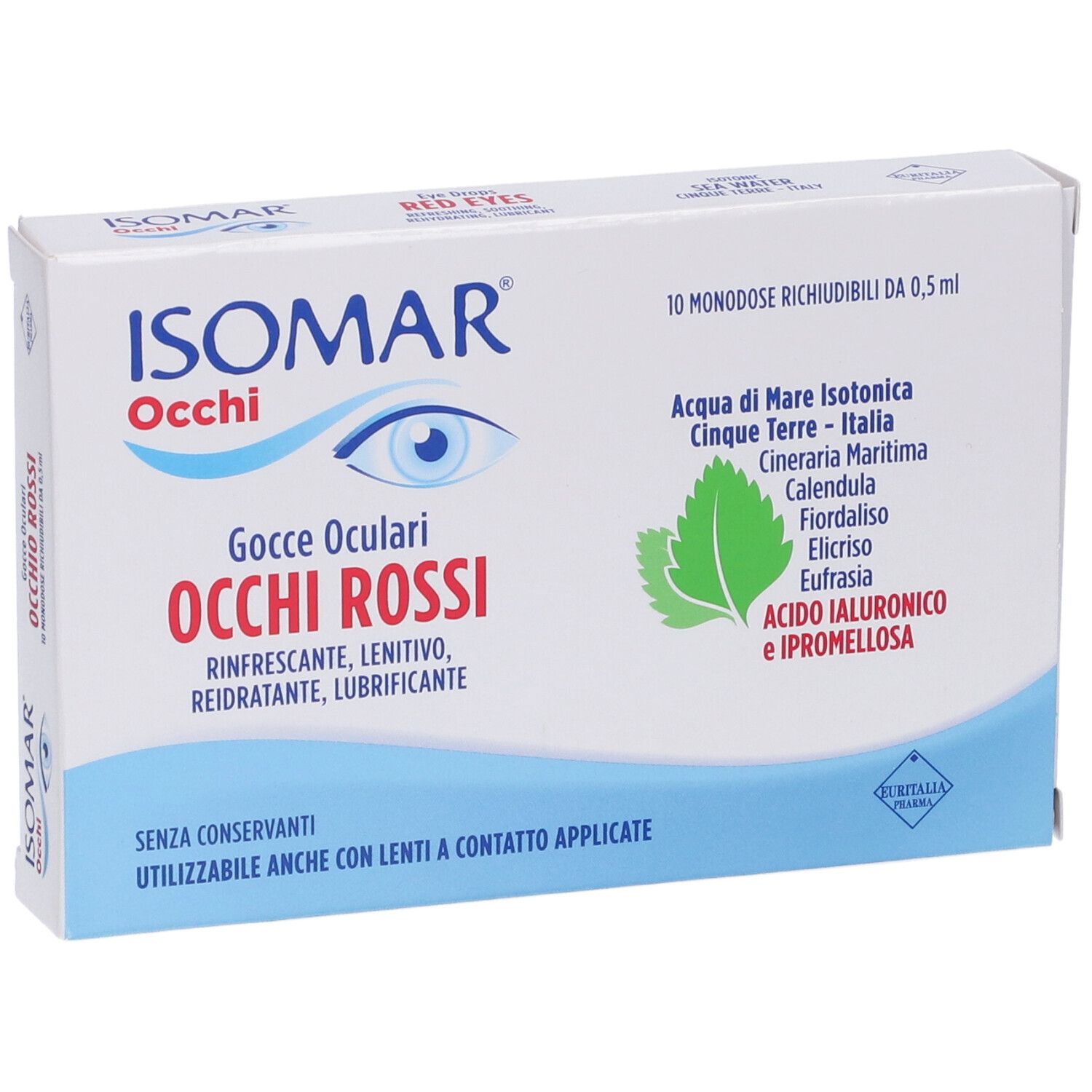 Weiße Schachtel mit Produktnamen und Logo. Text: Occhi Rossi, Gocce Oculari. Enthält 10 Einzeldosen. Inhaltsstoffe.