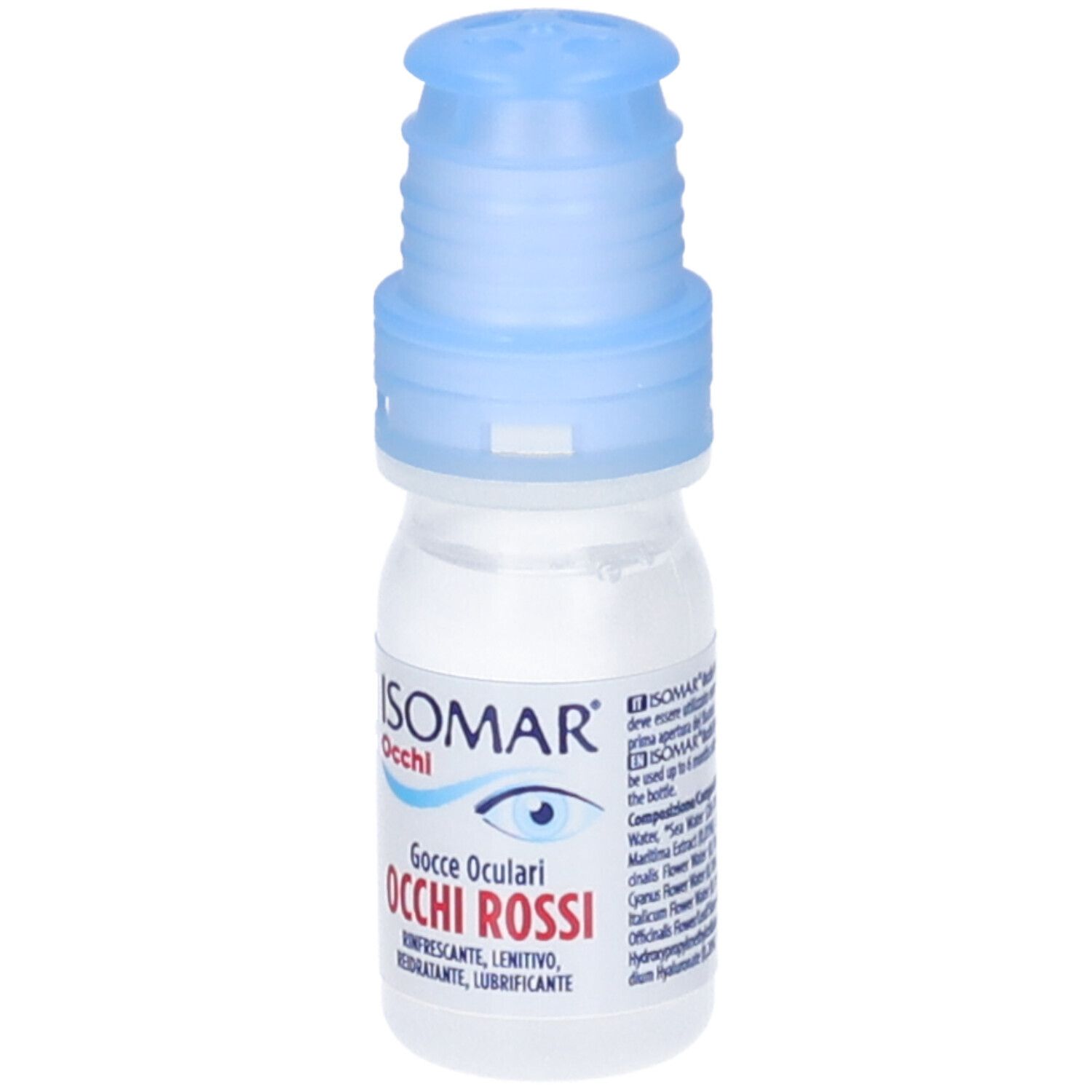 Augentropfenflasche mit blauem Verschluss. Aufschrift: ISOMAR Occhi, Occhi Rossi. Rinfrescante, lenitivo, reidratante, lubrificante.