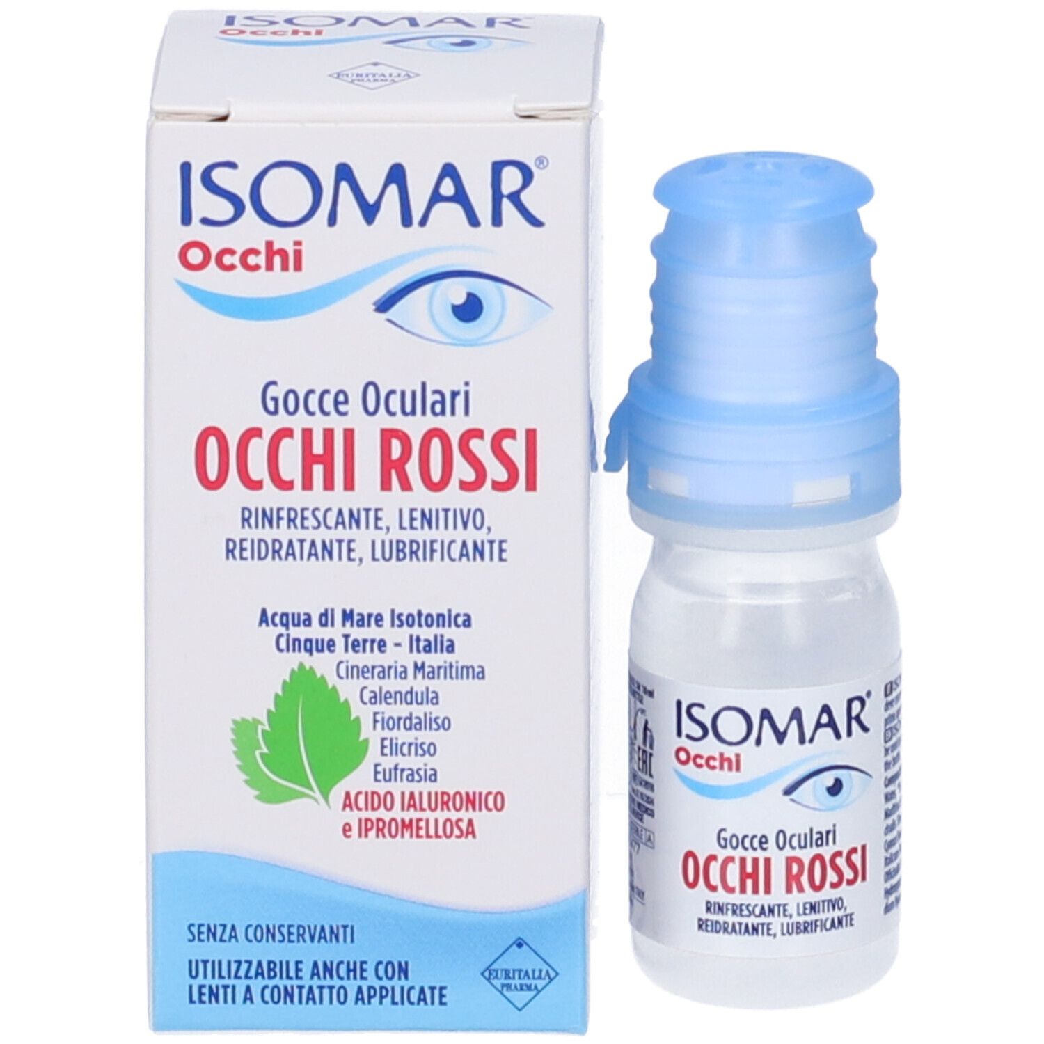 Produktverpackung und Augentropfenflasche. Aufschrift: ISOMAR Occhi, Occhi Rossi. Rinfrescante, lenitivo, reidratante, lubrificante.
