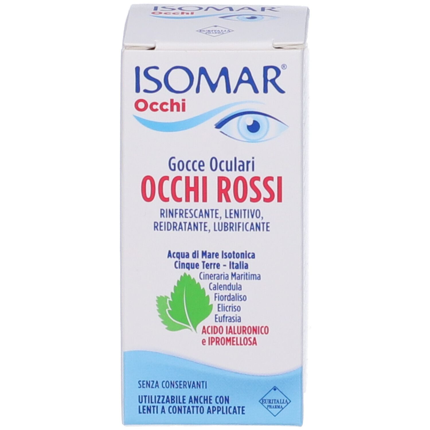 Produktverpackung. Aufschrift: ISOMAR Occhi, Occhi Rossi. Rinfrescante, lenitivo, reidratante, lubrificante. Mit Inhaltsstoffen.