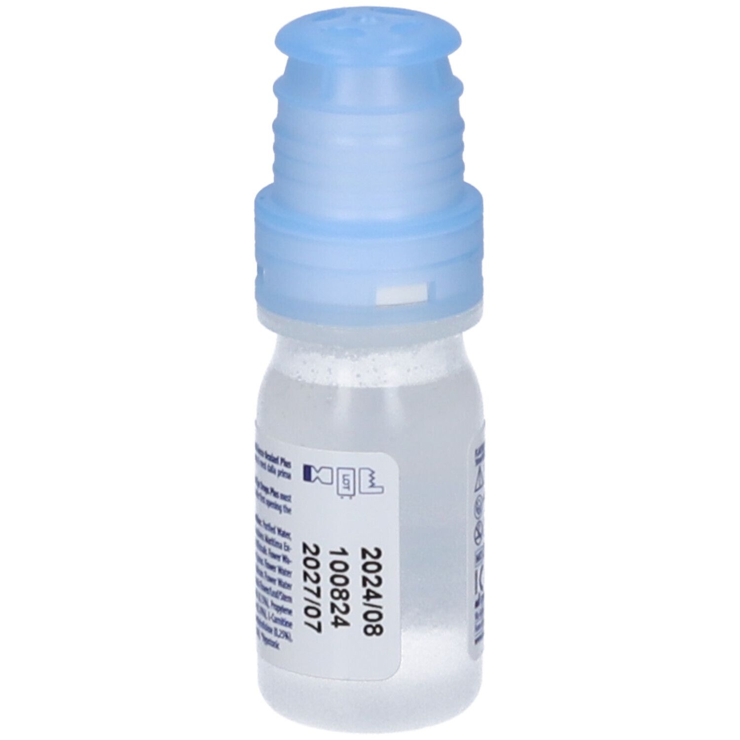 Transparente Flasche mit blauem Verschluss. Aufdruck mit Verfallsdatum: 2024/08 und 2027/07.