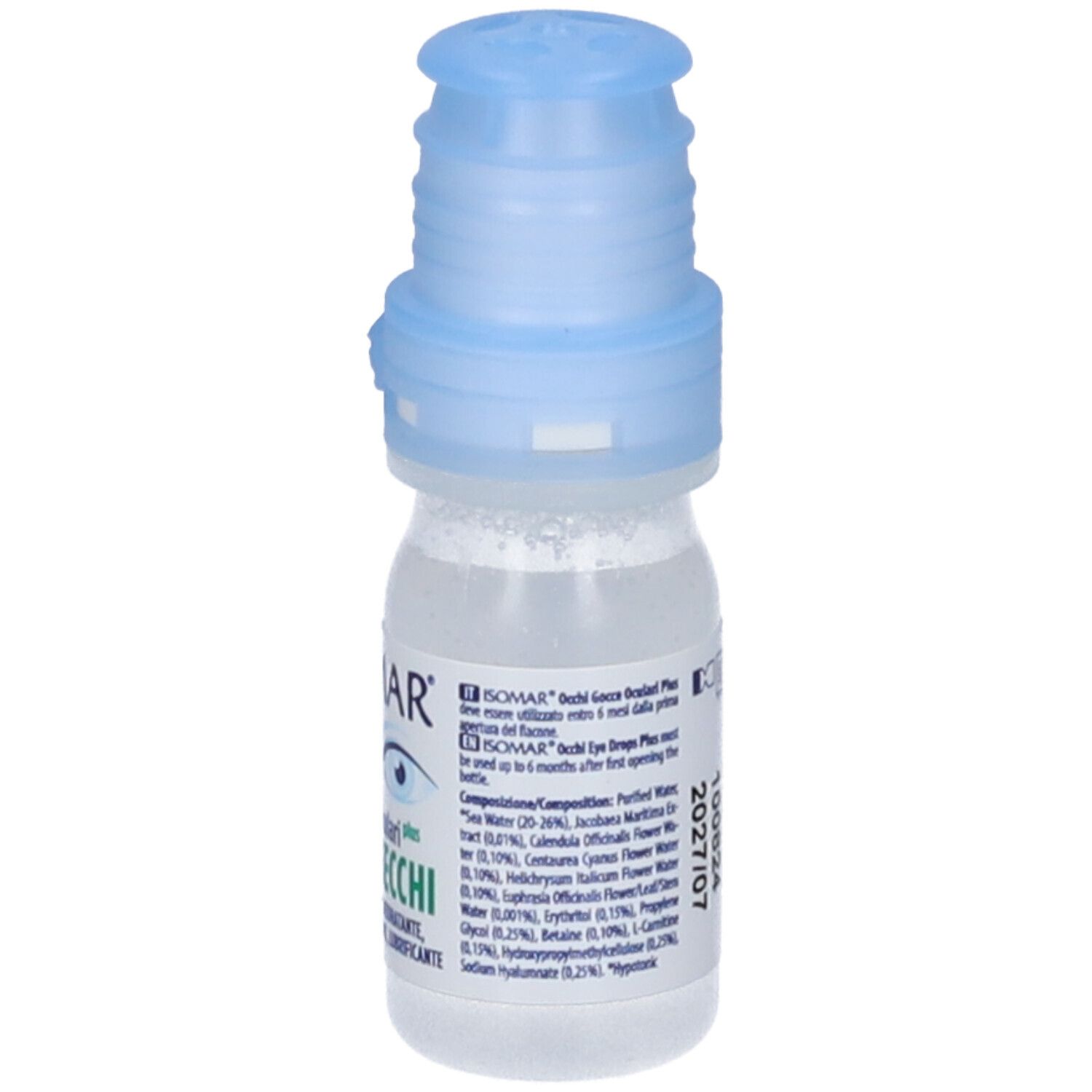 Transparente Flasche mit blauem Verschluss. Aufschrift mit Inhaltsstoffen und Produktinformationen.