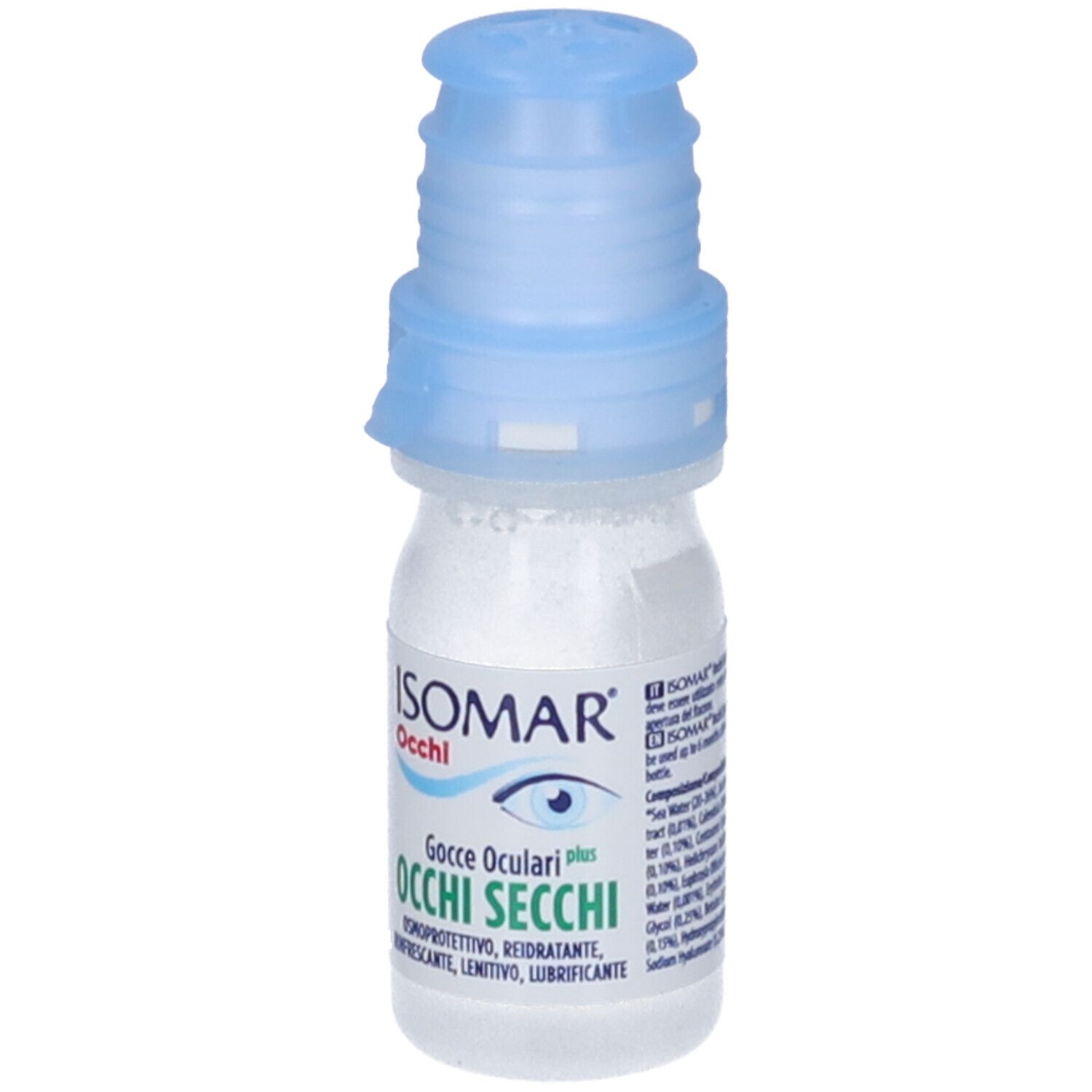 Transparente Flasche mit blauem Verschluss. Aufschrift: ISOMAR Occhi, Gocce Oculari, Occhi Secchi.