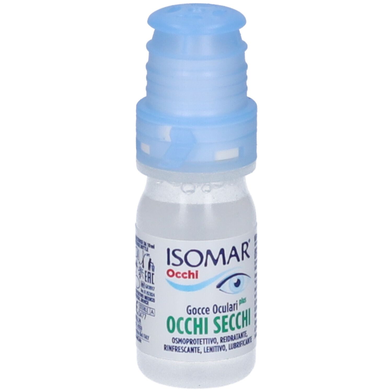 Transparente Flasche mit blauem Verschluss. Aufschrift: ISOMAR Occhi, Gocce Oculari, Occhi Secchi.