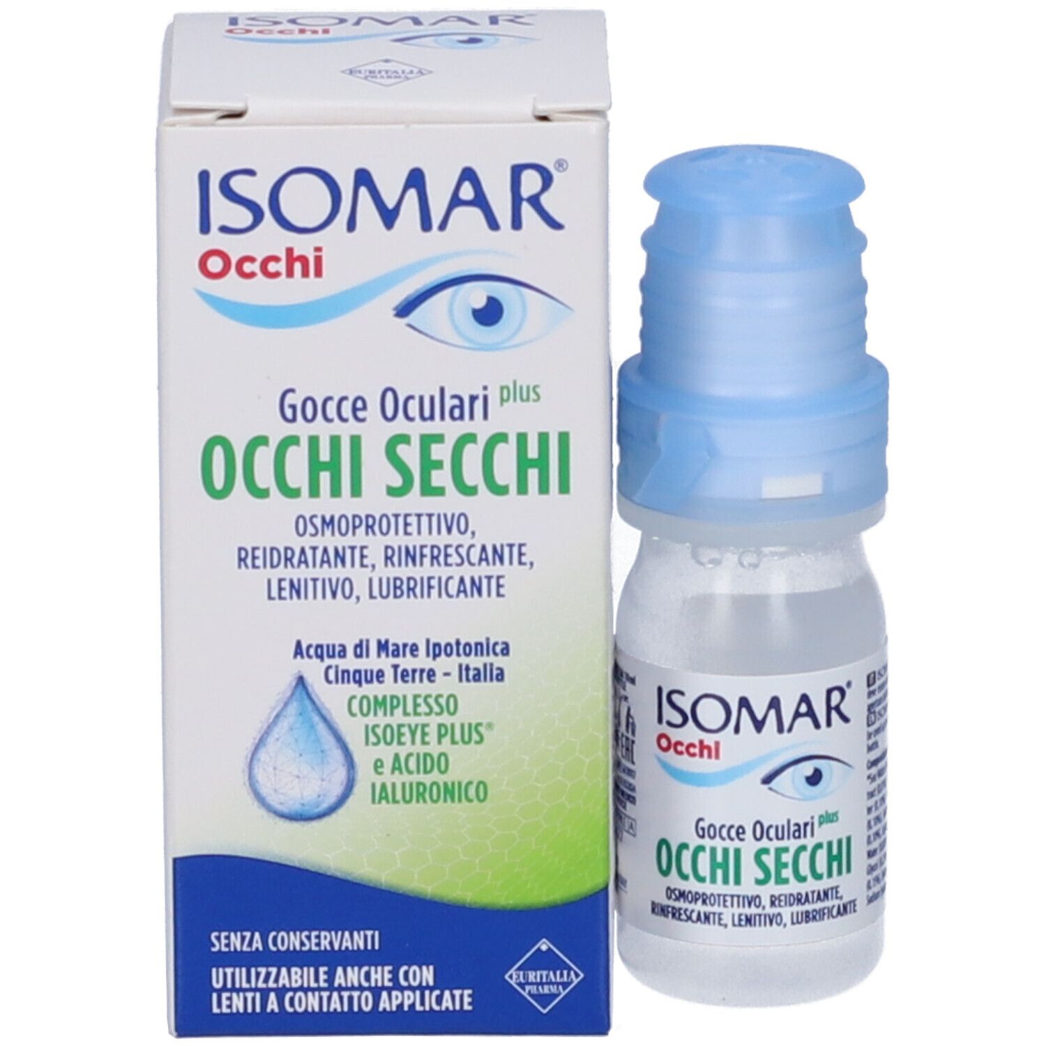 Produktverpackung und Flasche. Karton mit Aufschrift: ISOMAR Occhi, Gocce Oculari, Occhi Secchi. Flasche daneben.
