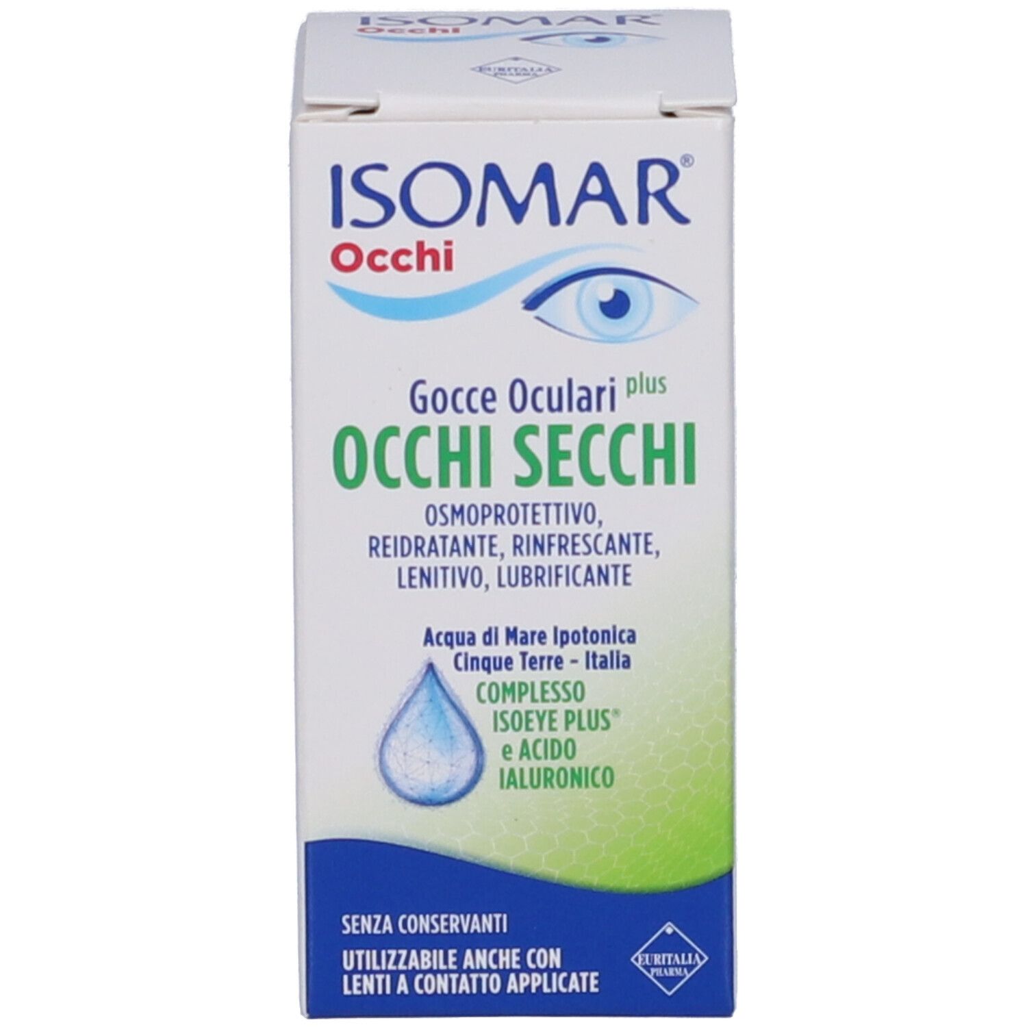 Produktverpackung. Karton mit Aufschrift: ISOMAR Occhi, Gocce Oculari, Occhi Secchi. Logo und Produktinformationen.