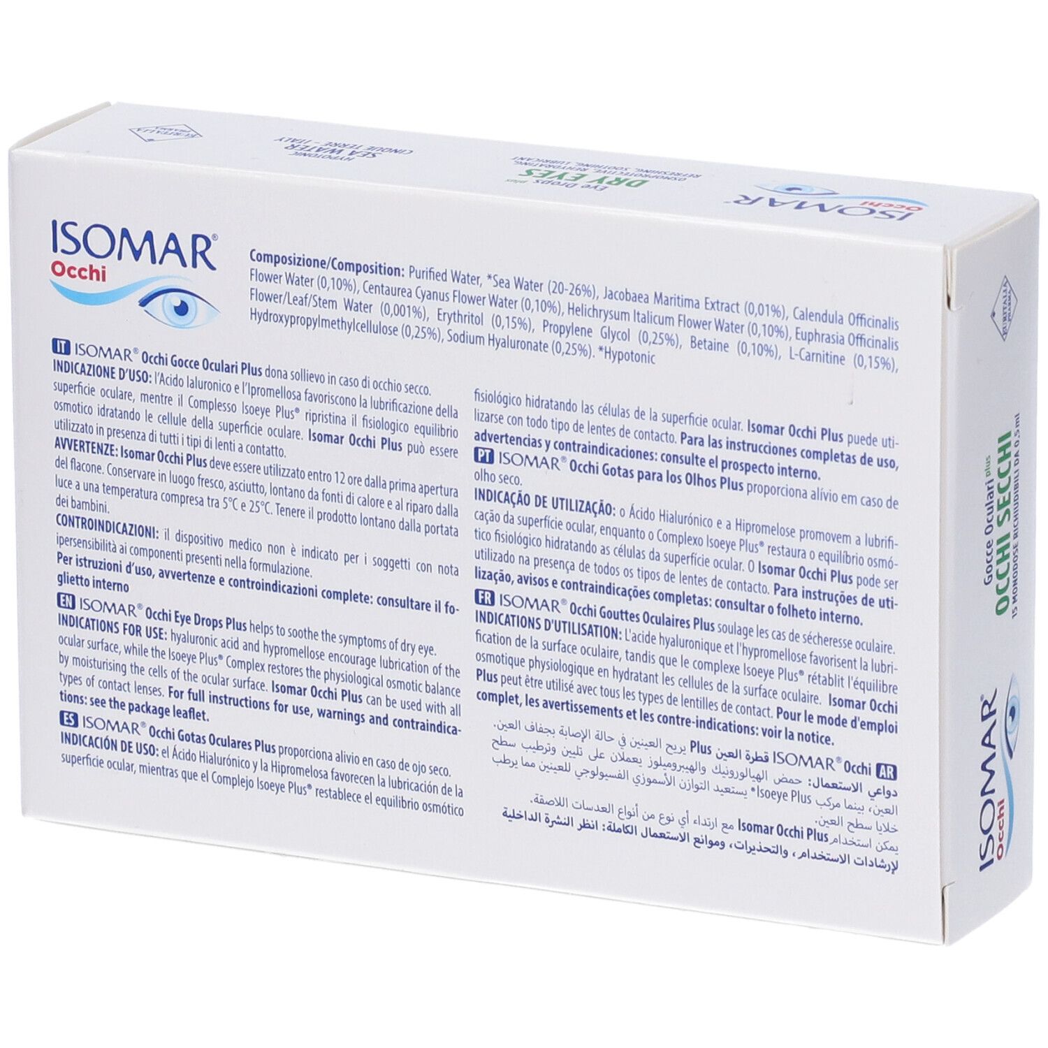 Rückseite der Verpackung von Isomar Occhi Secchi Plus Gocce Oculari. Text in mehreren Sprachen.