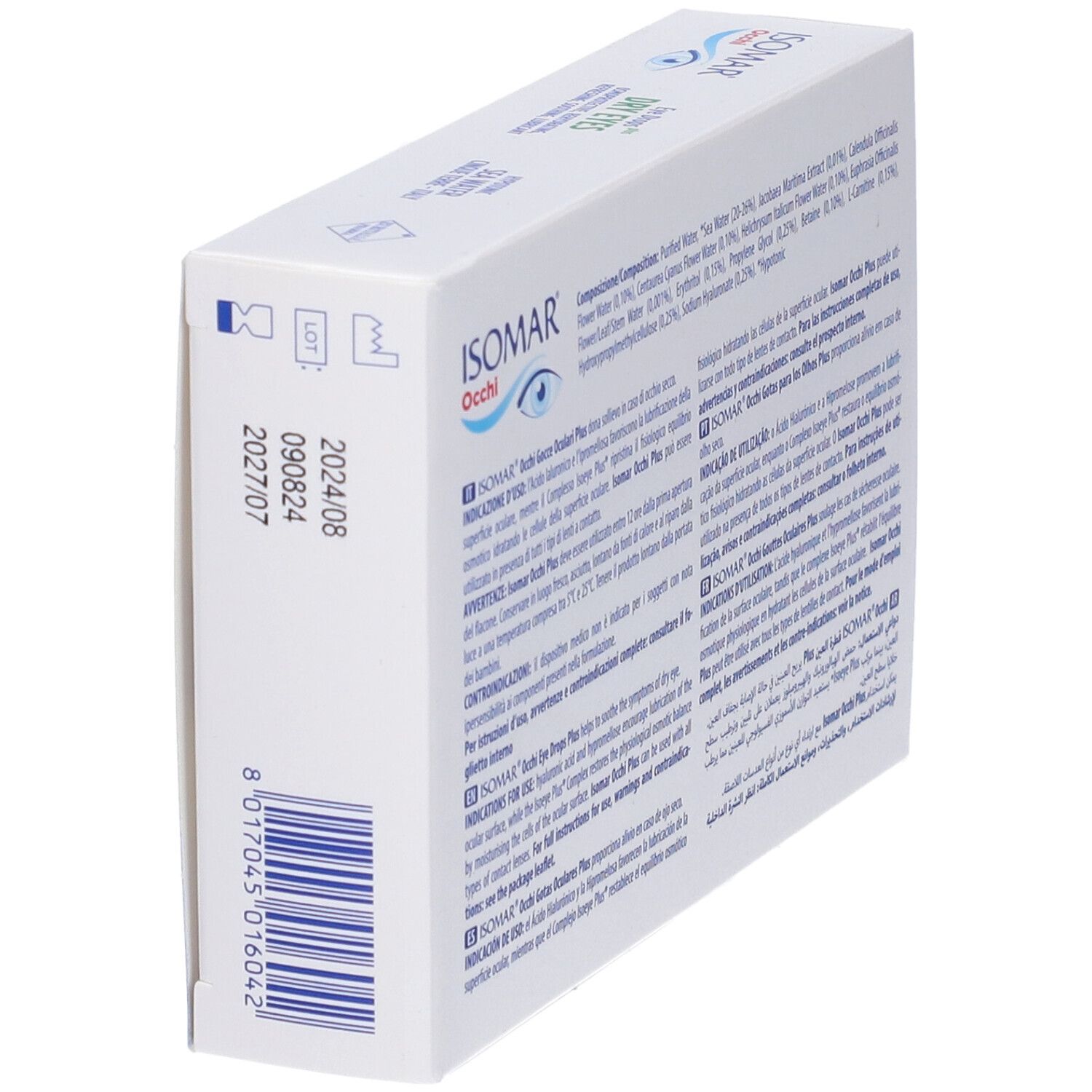 Seitenansicht der Verpackung von Isomar Occhi Secchi Plus Gocce Oculari. Text und Barcode.