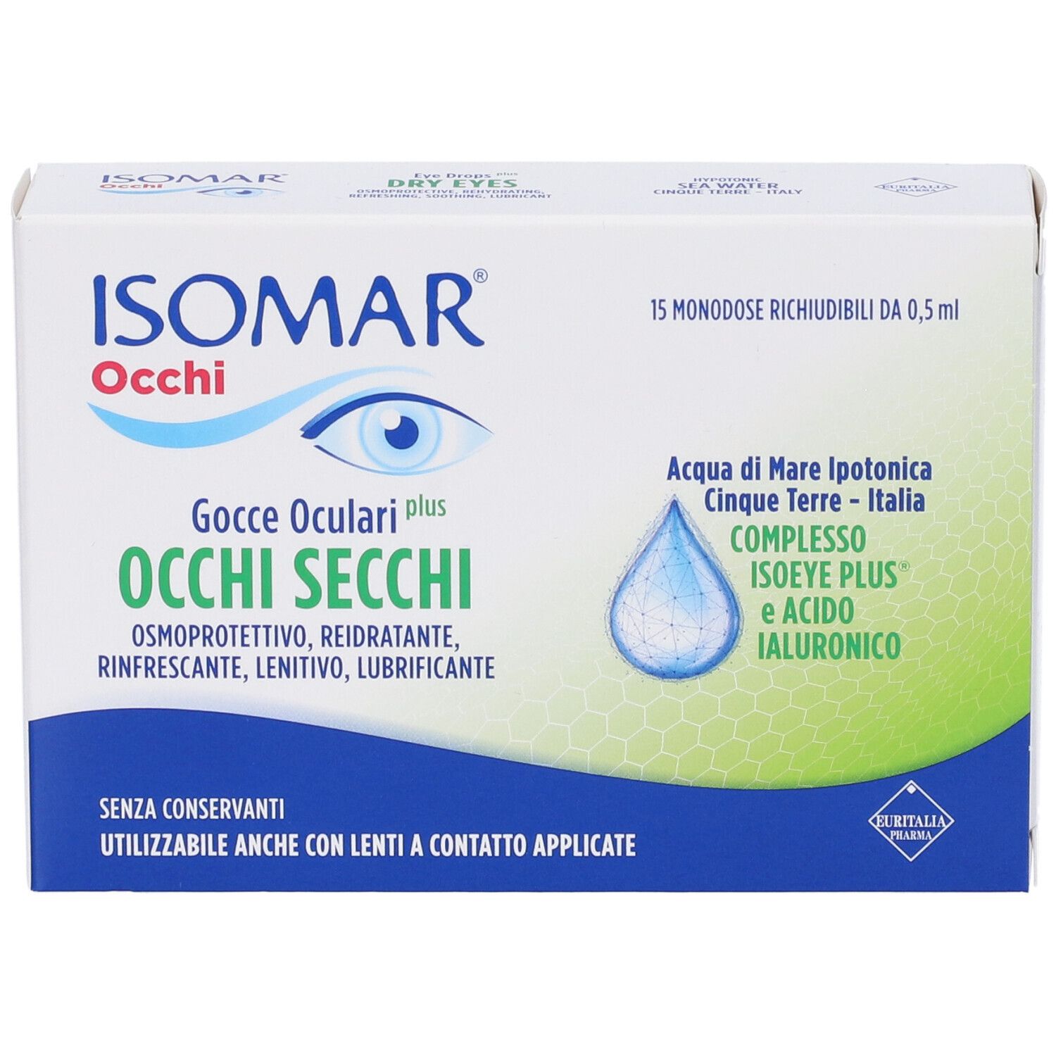 Verpackung von Isomar Occhi Secchi Plus Gocce Oculari. Weiß, mit Produktnamen und Inhaltsangaben.