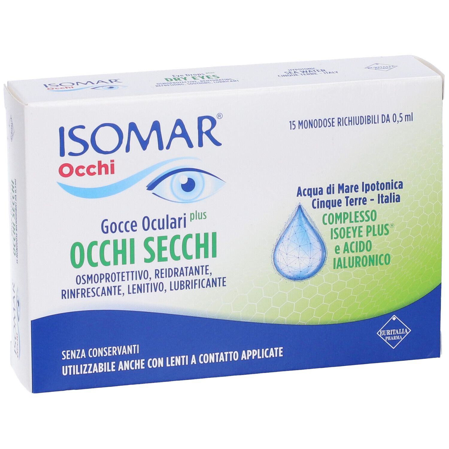 Verpackung von Isomar Occhi Secchi Plus Gocce Oculari. Weiß, mit Produktnamen und Inhaltsangaben.