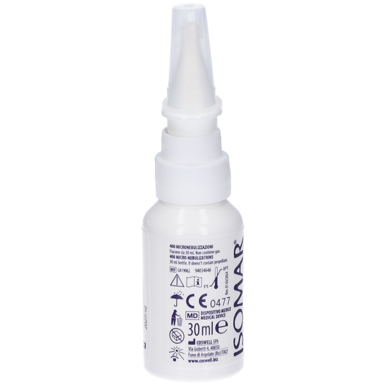 Weiße Flasche mit Sprühkopf. Aufschrift: 30 ml. Medizinprodukt. Marke Isomar. Diverse Symbole und Text.
