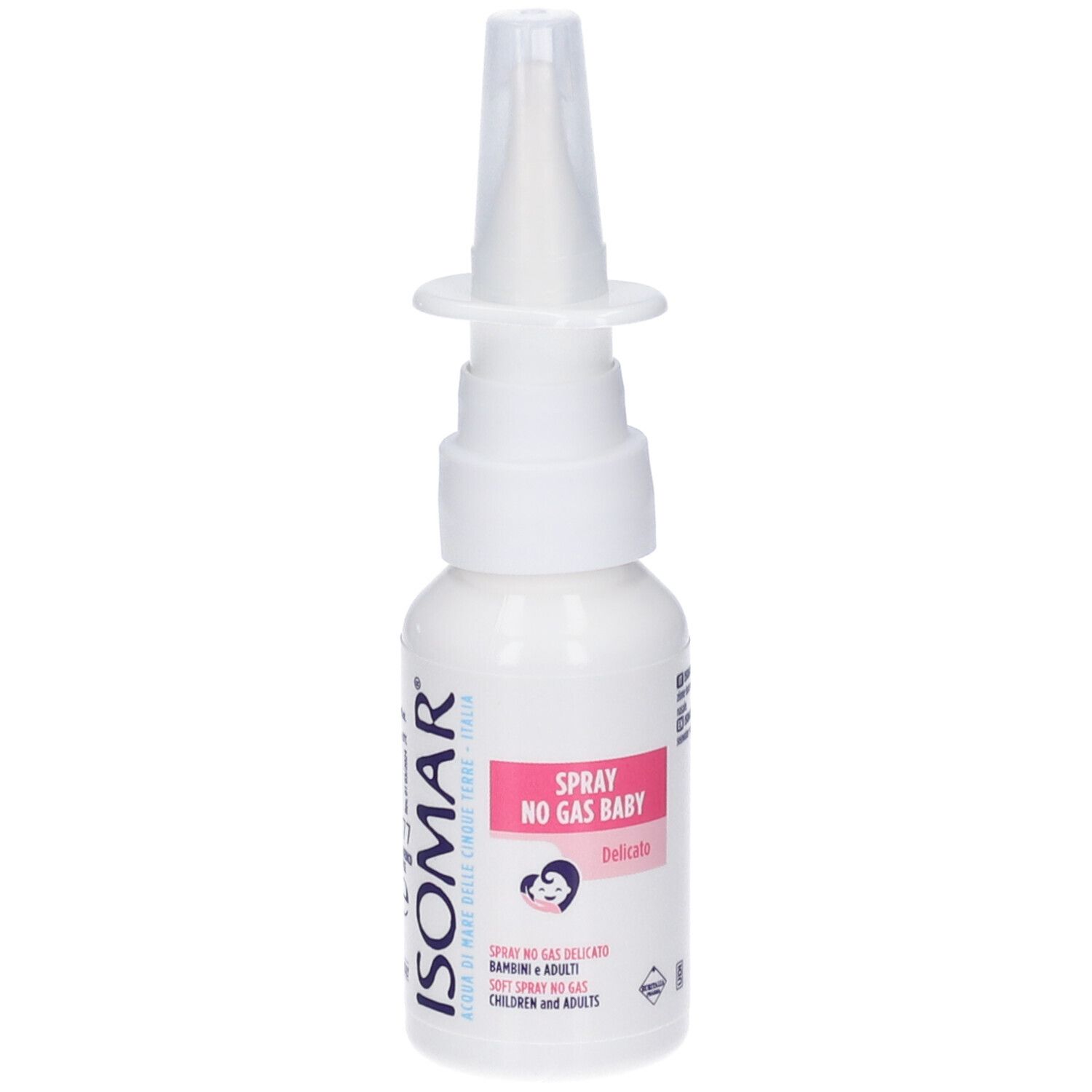 Weiße Flasche mit Sprühkopf. Rosa Etikett mit Text: Spray No Gas Baby. Marke Isomar. Für Kinder und Erwachsene.