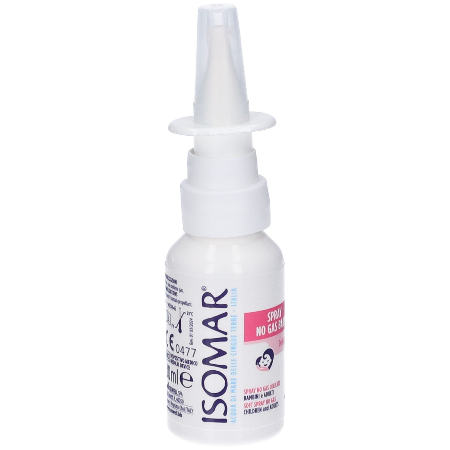 Weiße Flasche mit Sprühkopf. Rosa Etikett mit Text: Spray No Gas Baby. Marke Isomar. Für Kinder und Erwachsene.