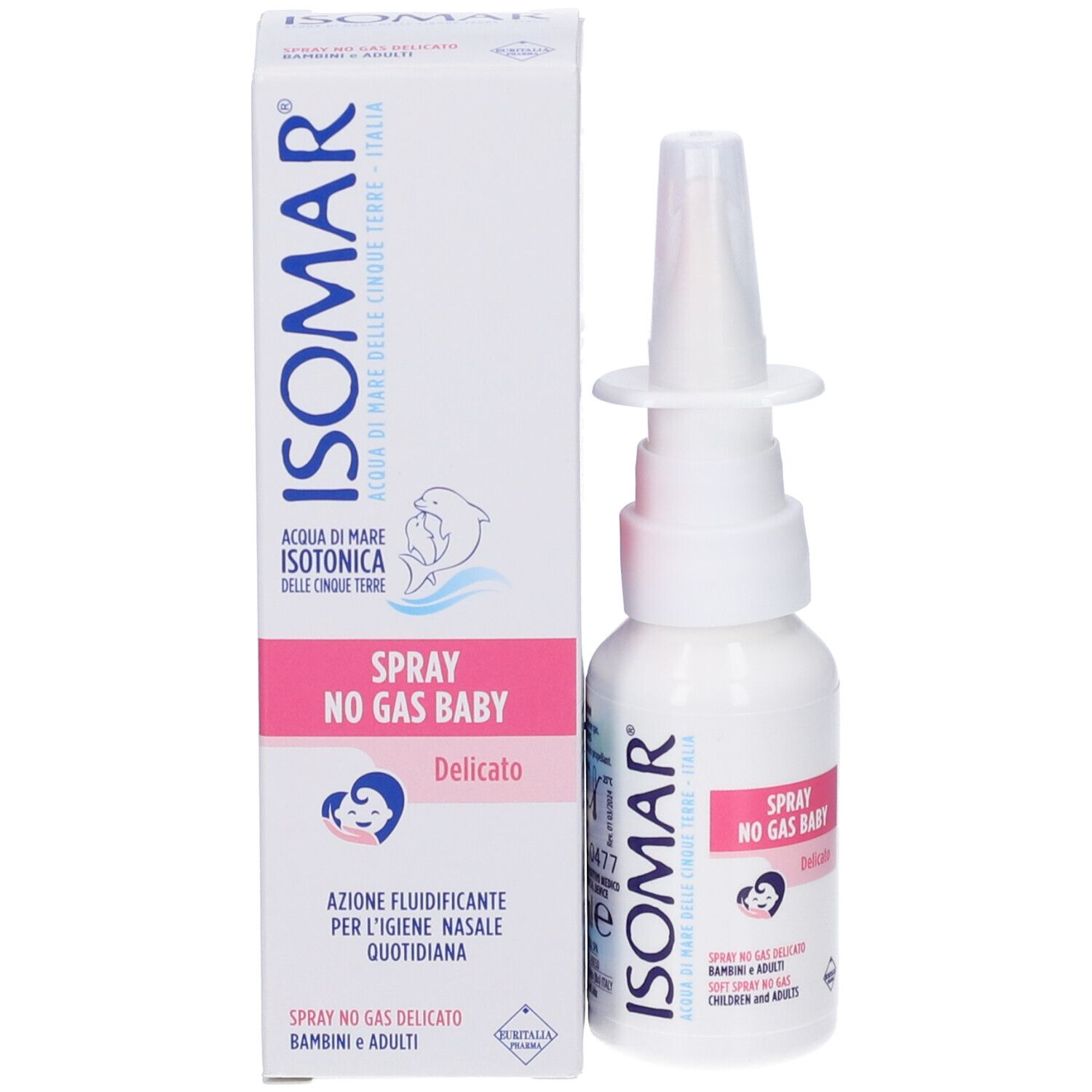 Produktverpackung mit Flasche und Karton. Flasche: Spray No Gas Baby. Karton: Marke Isomar, Text und Logo.