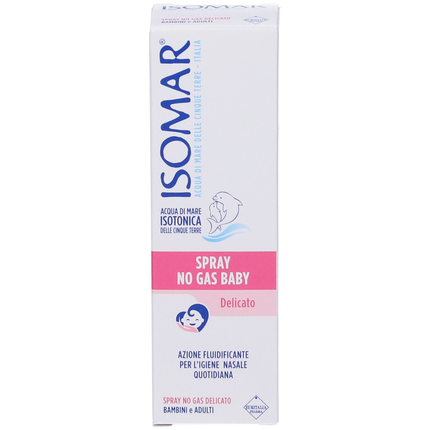 Produktverpackung. Karton mit Text: Spray No Gas Baby. Marke Isomar. Abbildung eines Babys.