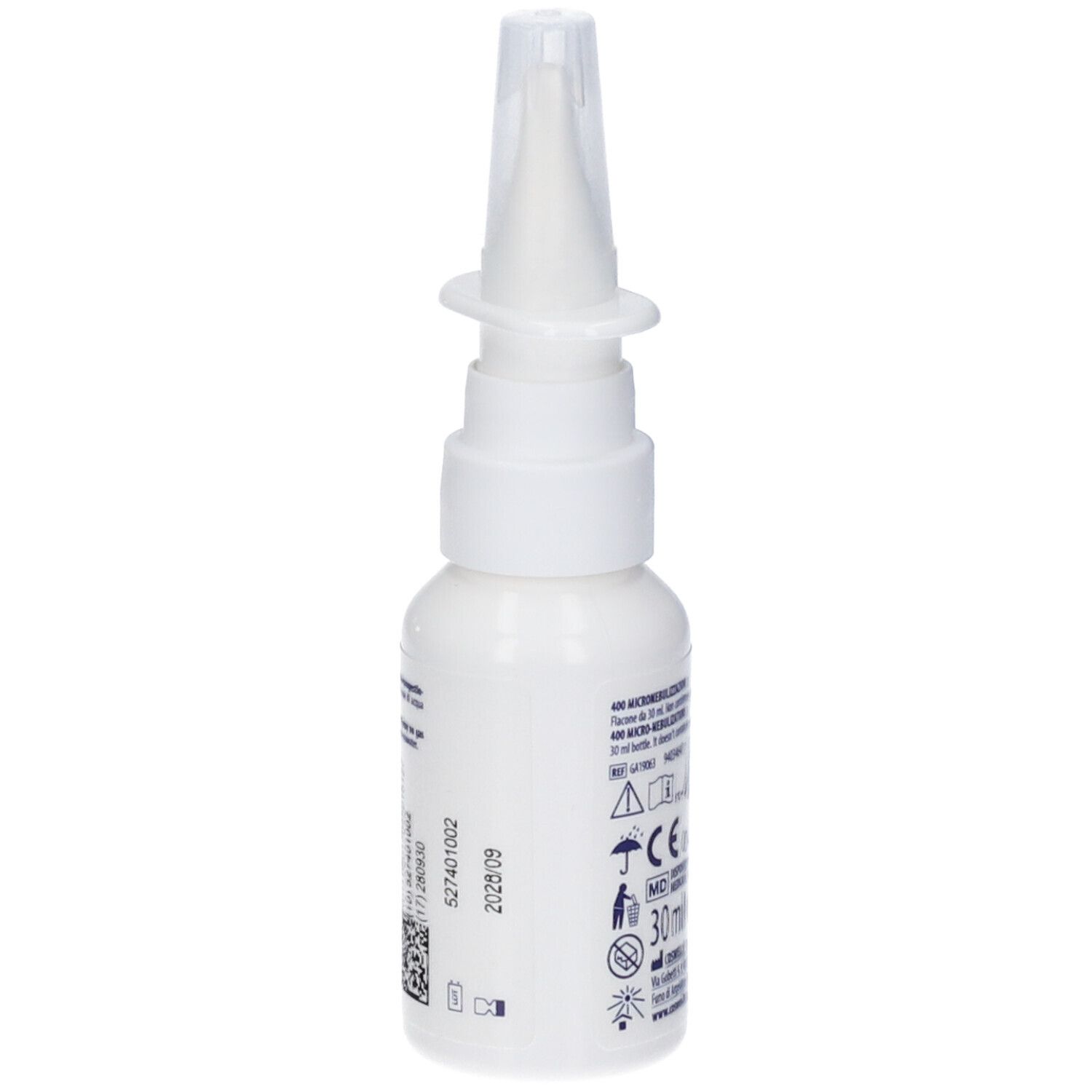 Weiße Flasche mit Sprühkopf. Aufschrift: ISOMAR. Rückseite mit Informationen und Codes. 30 ml.