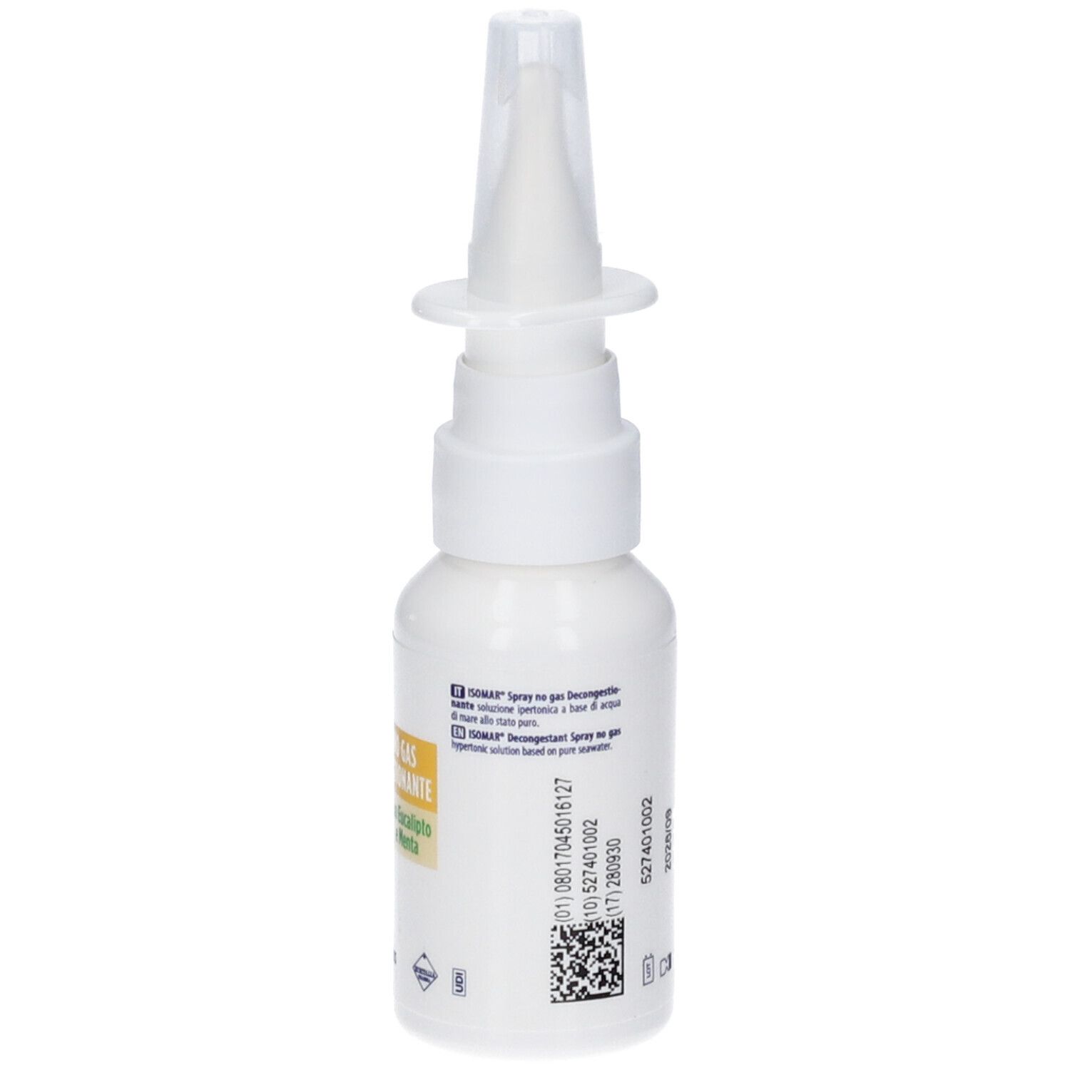 Weiße Flasche mit Sprühkopf. Aufschrift: ISOMAR. Aufkleber: Spray No Gas Decongestionante. Codes und Informationen.