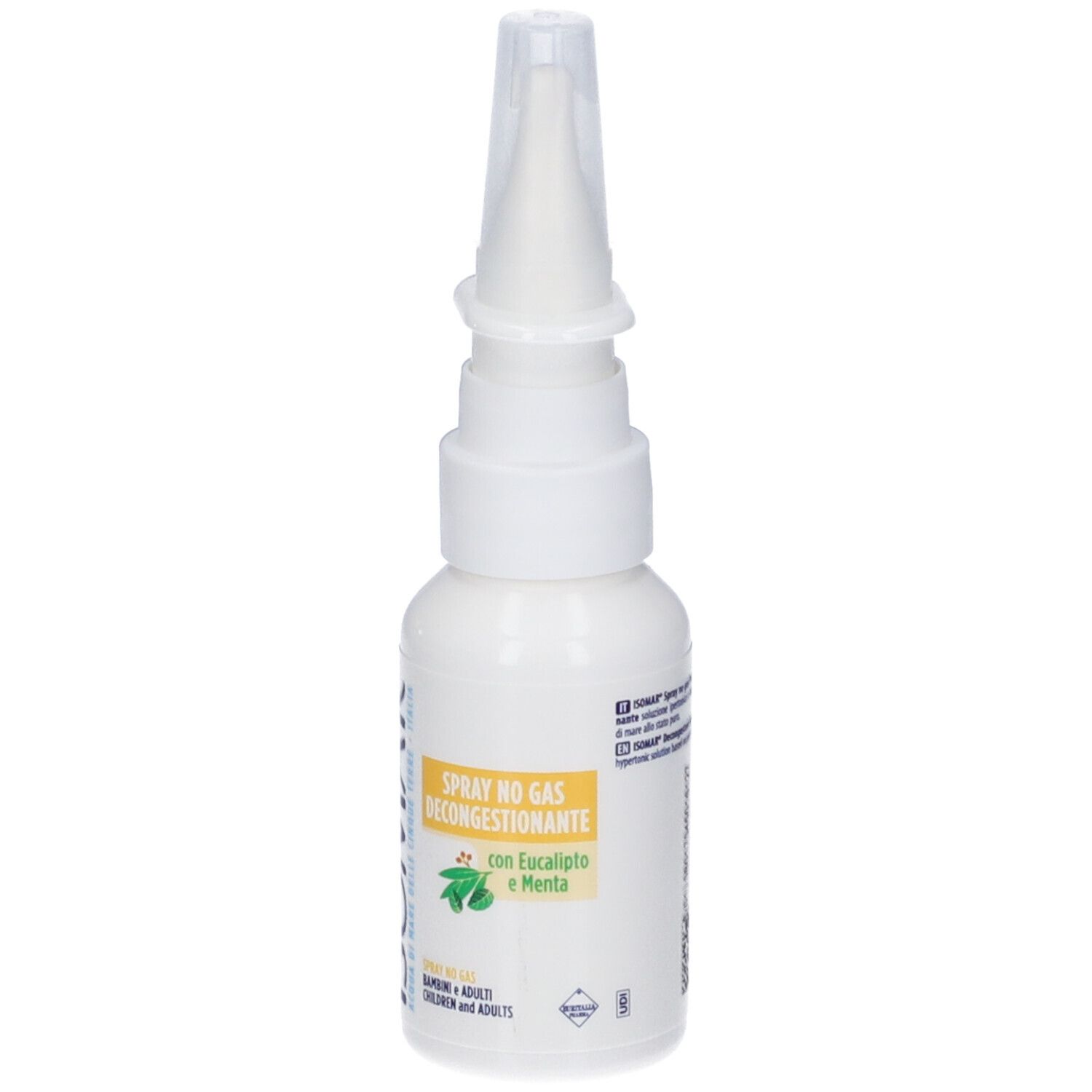 Weiße Flasche mit Sprühkopf. Aufschrift: ISOMAR, Spray No Gas Decongestionante, mit Eukalyptus und Minze. Für Kinder und Erwachsene.